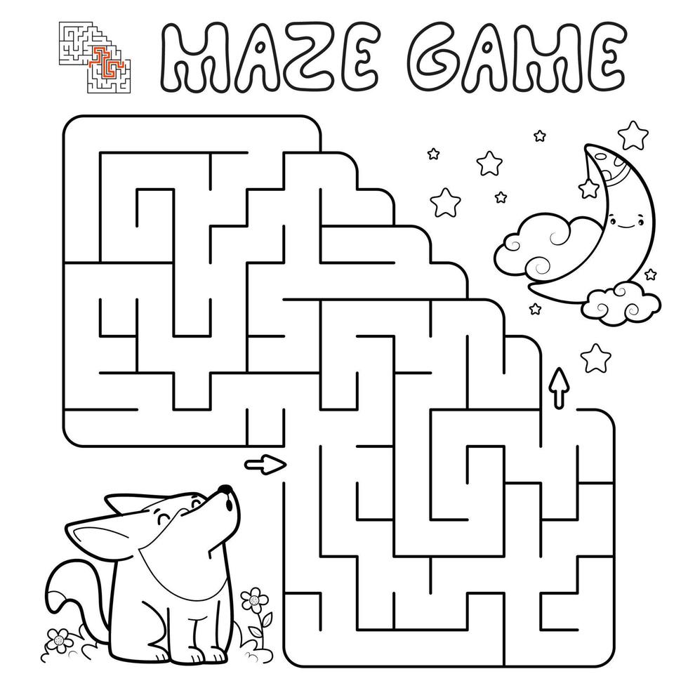 Maze puzzle game for children. Outline maze or labyrinth game with wolf. vector