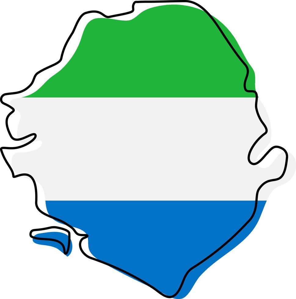 mapa de contorno estilizado de sierra leona con icono de bandera nacional. mapa de color de la bandera de sierra leona ilustración vectorial. vector