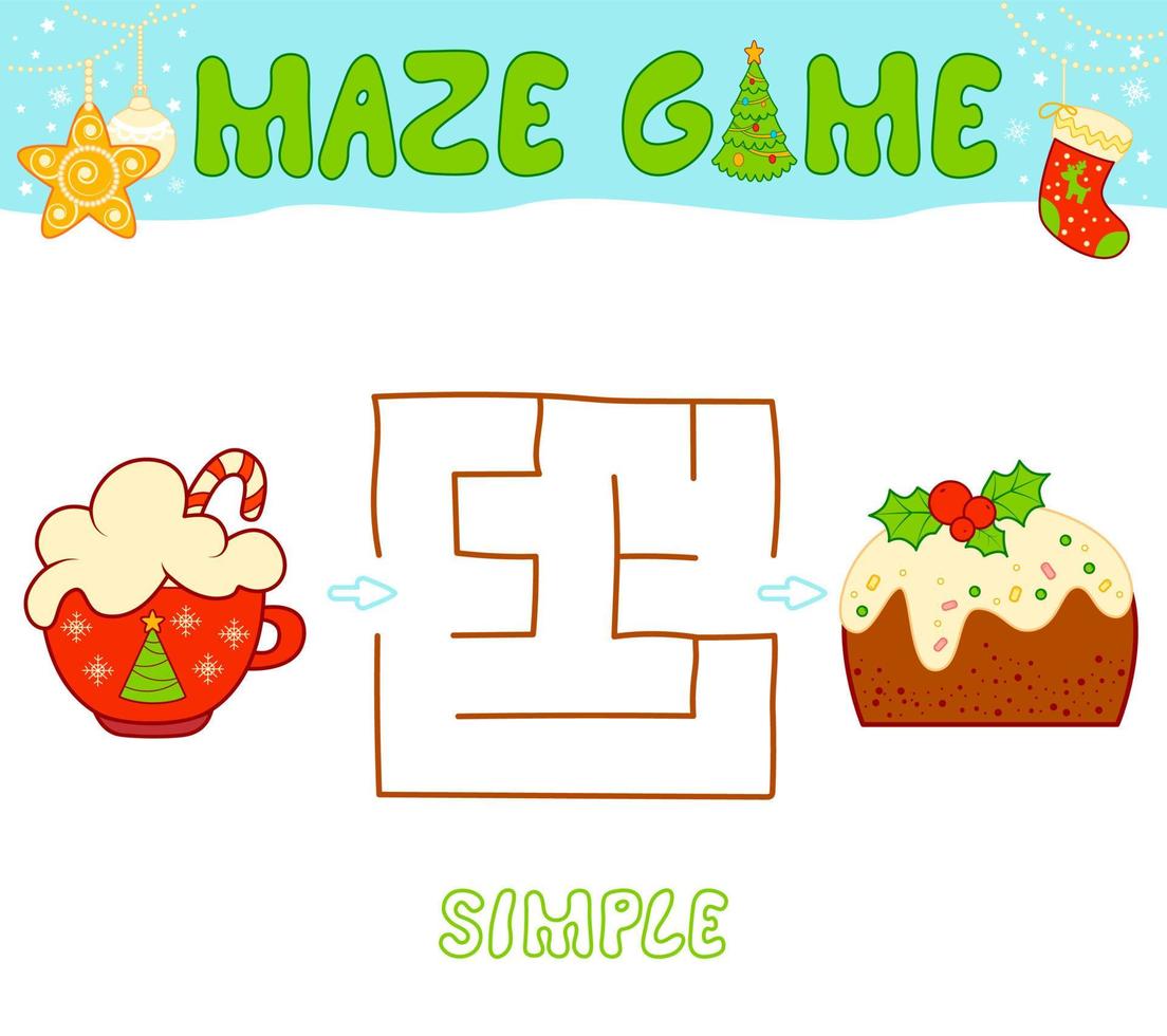 Christmas Maze puzzle game for children. Simple Maze or labyrinth game with Christmas cake. vector