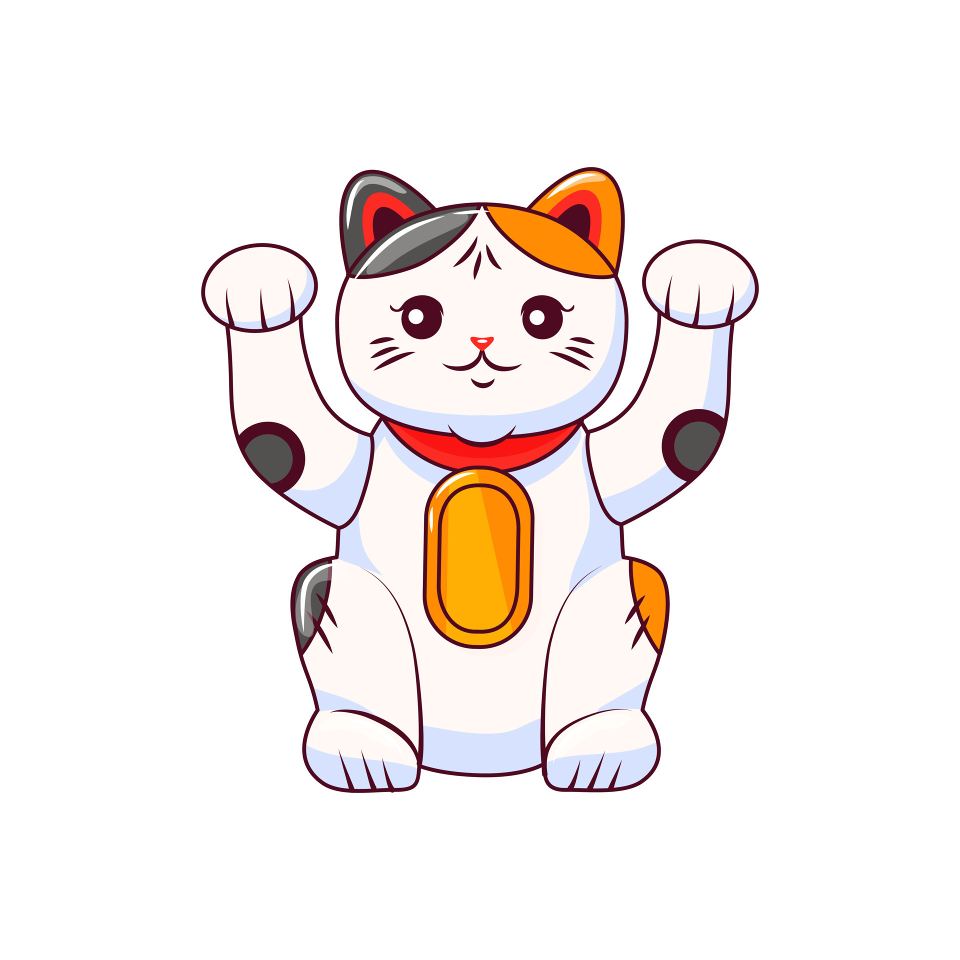 Maneki Neko is a Japanese cat with raised paws and a bag of money. Symbol  of luck and wealth. Vector cartoon illustration on a white isolated  background 8720694 Vector Art at Vecteezy