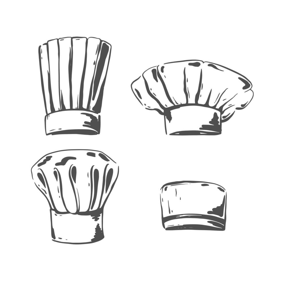 boceto de sombreros de chef diferentes. gorro de panadero o de cocina, tocado de cocina. elemento de uso de vestuario uniforme. vector aislado dibujado a mano.