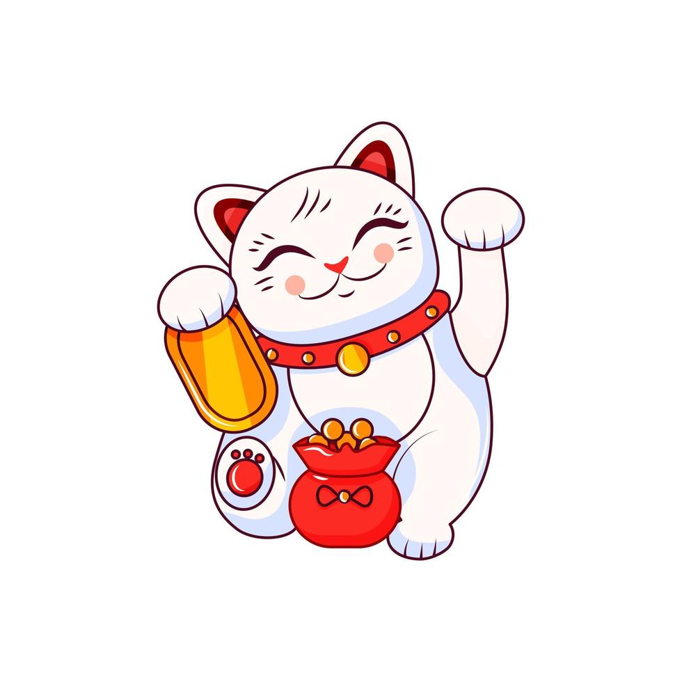 Japanese good luck cat Maneki Neko on a white isolated background. Symbol of wealth. Vector cartoon illustration