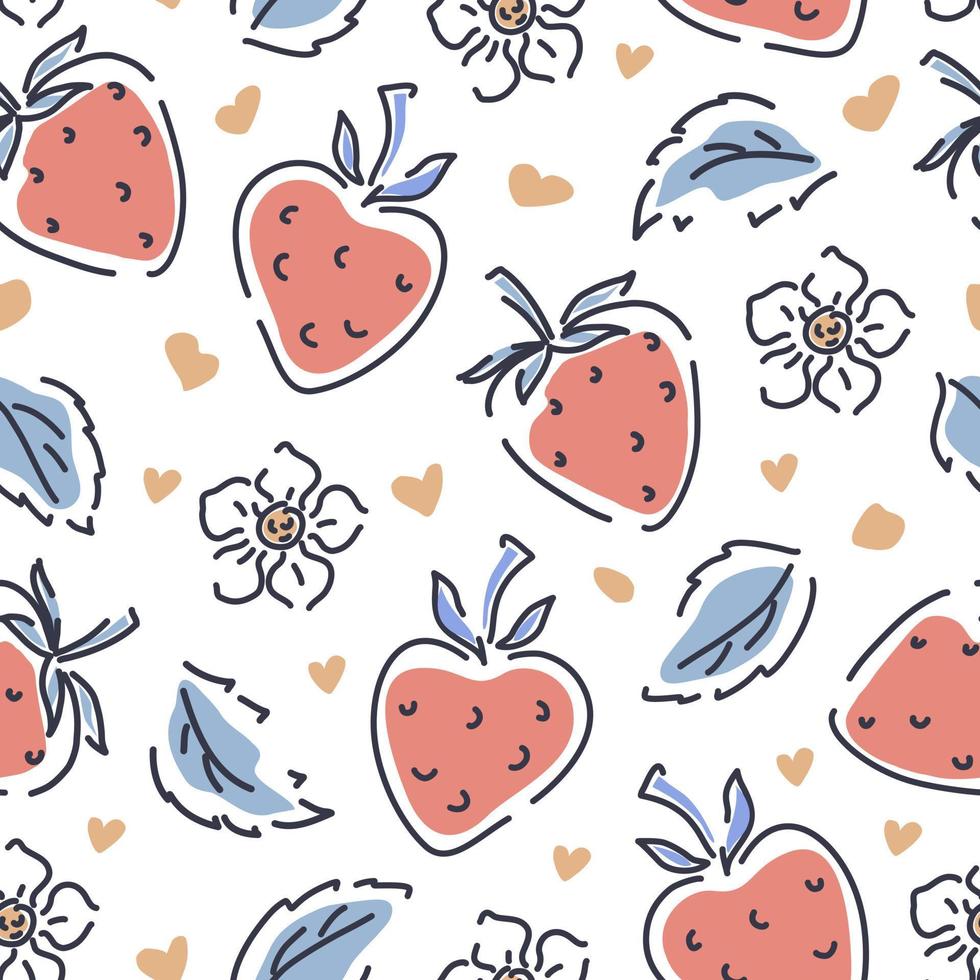 Strawberries, flowers and leaves on a white background seamless pattern. Cute pattern for children clothing. Vector background