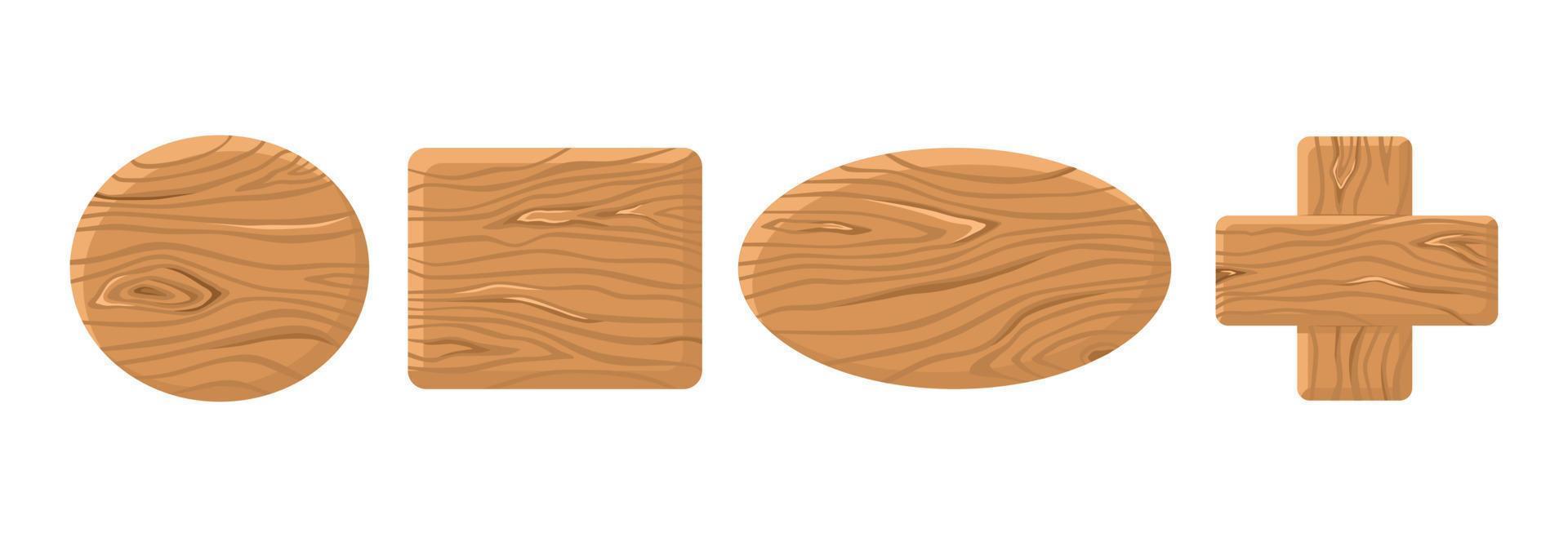 Botones de madera de diferentes formas sobre fondo blanco aislado. elementos de interfaz gráfica de usuario de vector de dibujos animados. marco de tablilla de madera.