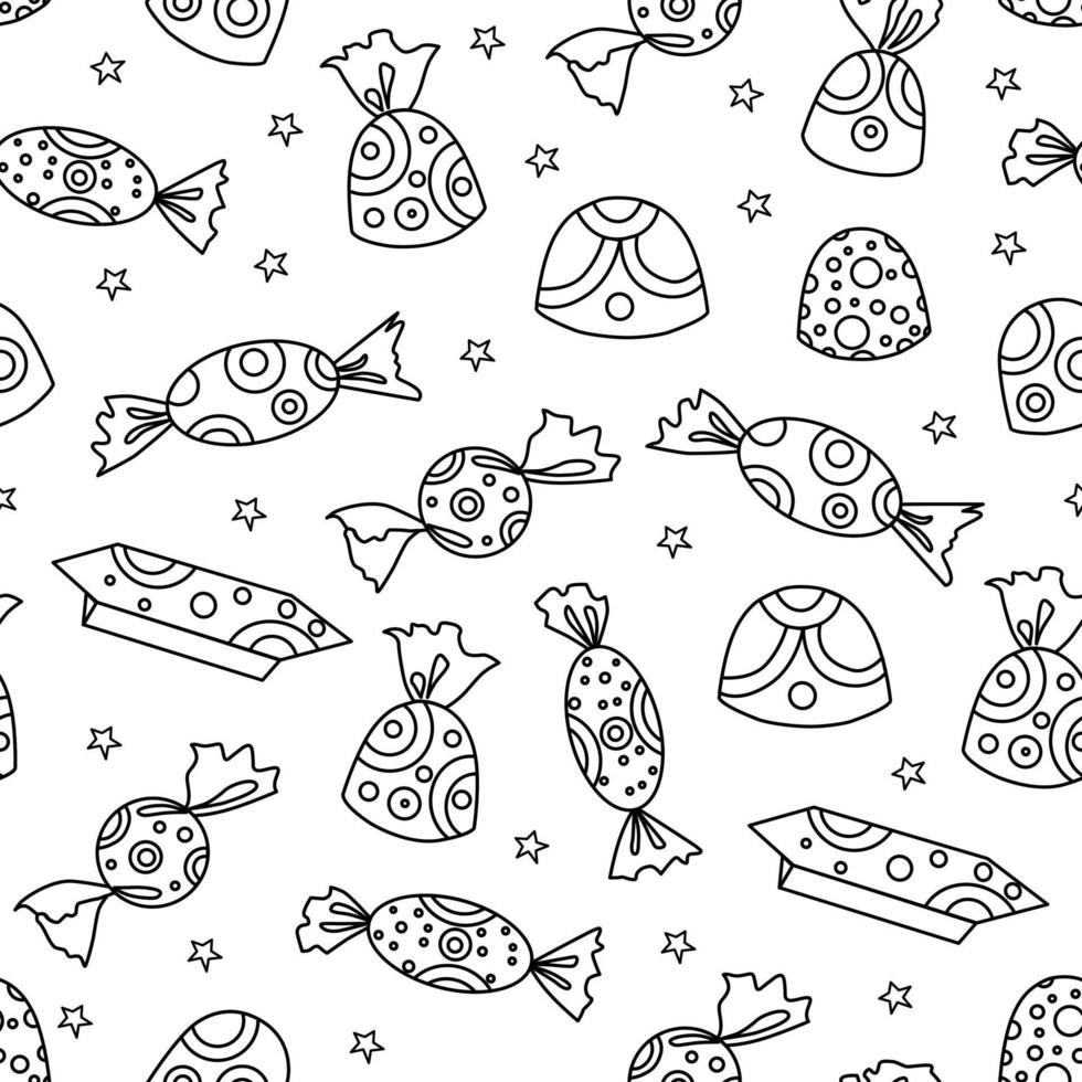 Various candy seamless pattern. Vector contour background of sweets. Coloring book.