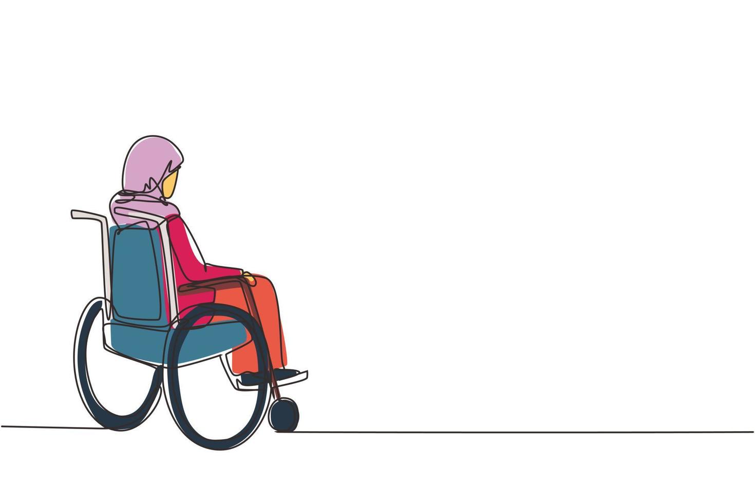 Single one line drawing back side of lonely old Arab woman sitting on wheelchair, looking at distant dry autumn leaves. Lonely, forlorn, desolate, lonesome. Continuous line vector design illustration