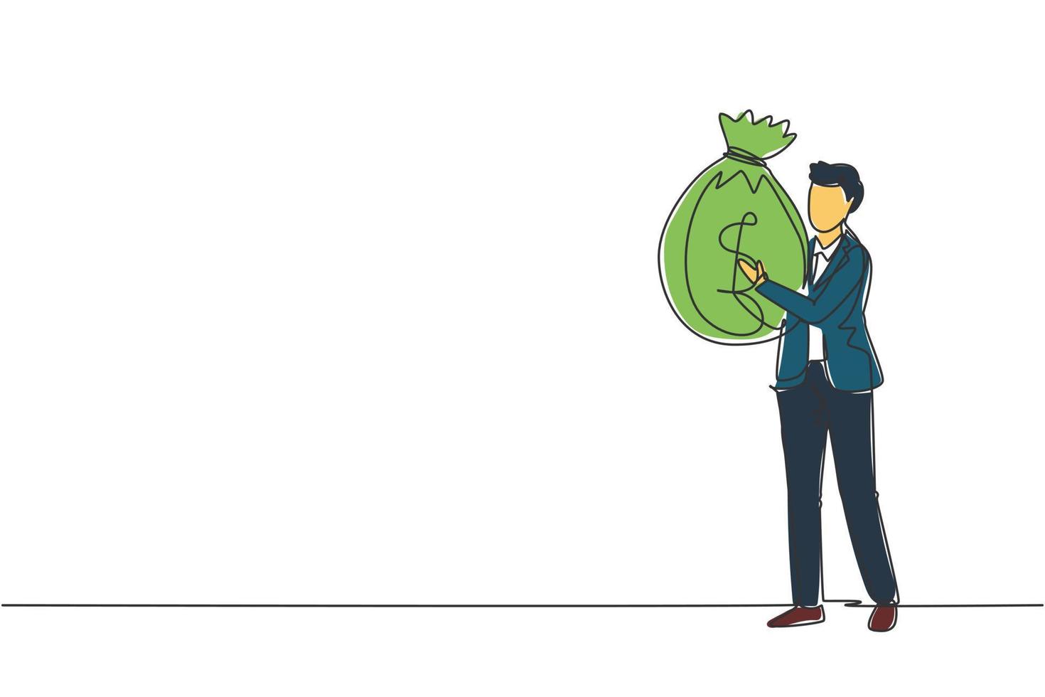 hombre de negocios de dibujo de una sola línea continua que sostiene una bolsa grande llena de dinero. hombre sonriente caminando y cargando un gran saco pesado lleno de dinero en efectivo. Ilustración de vector de diseño gráfico de dibujo de una línea dinámica