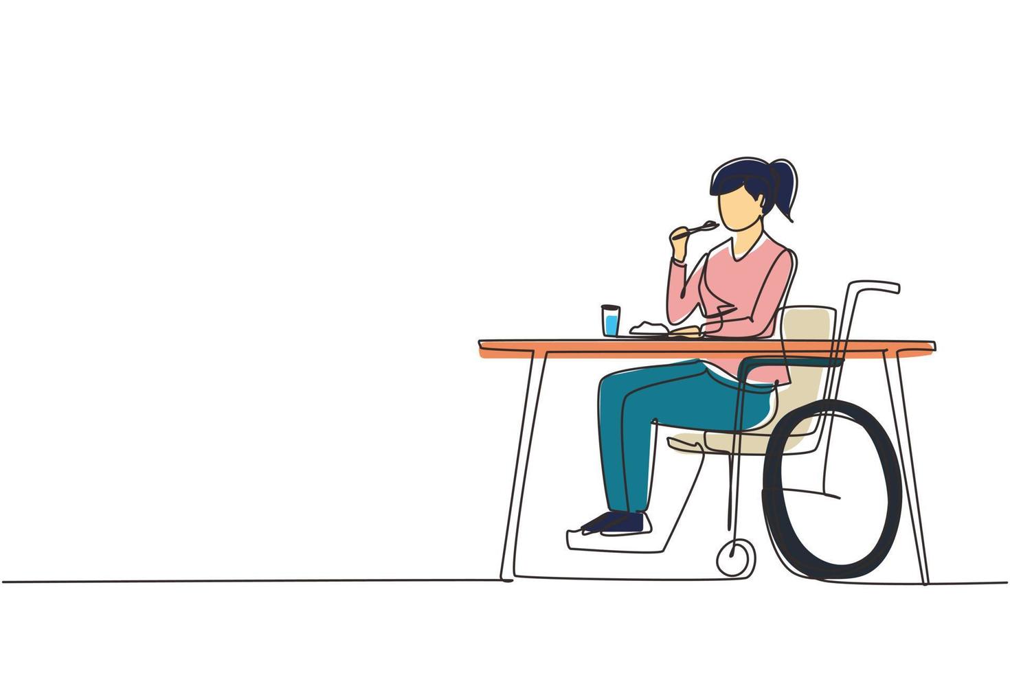 Continuous one line drawing female young wheelchair user eating food sitting at the table. Having lunch, snack in cafe. Society and disabled people. Single line draw design vector graphic illustration