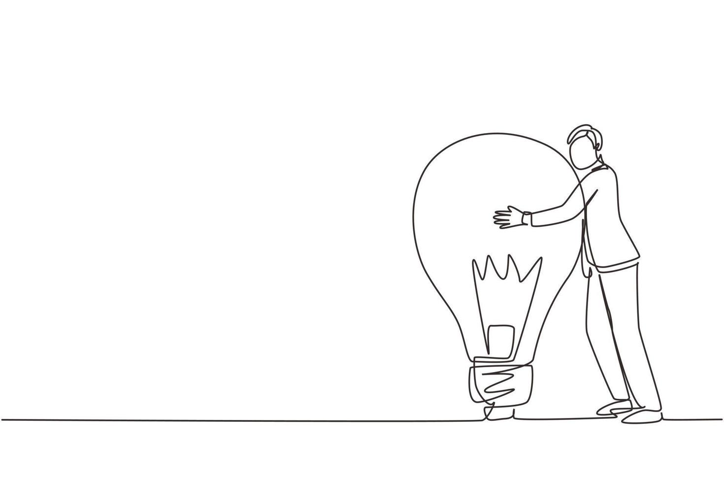 Single one line drawing businessman hugs big lightbulb. Male with light idea bulb. Concept of business success, creative, inspiration, business startup. Continuous line draw design vector illustration