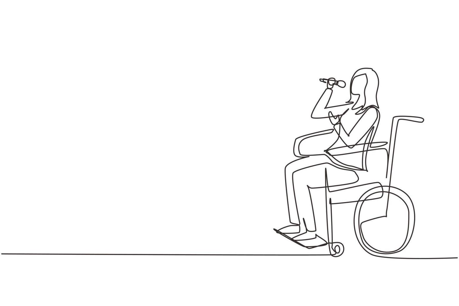 Continuous one line drawing disabled person enjoying life. Beauty woman sitting in wheelchair singing at karaoke bar. Spend time in recreational place. Single line draw design vector illustration
