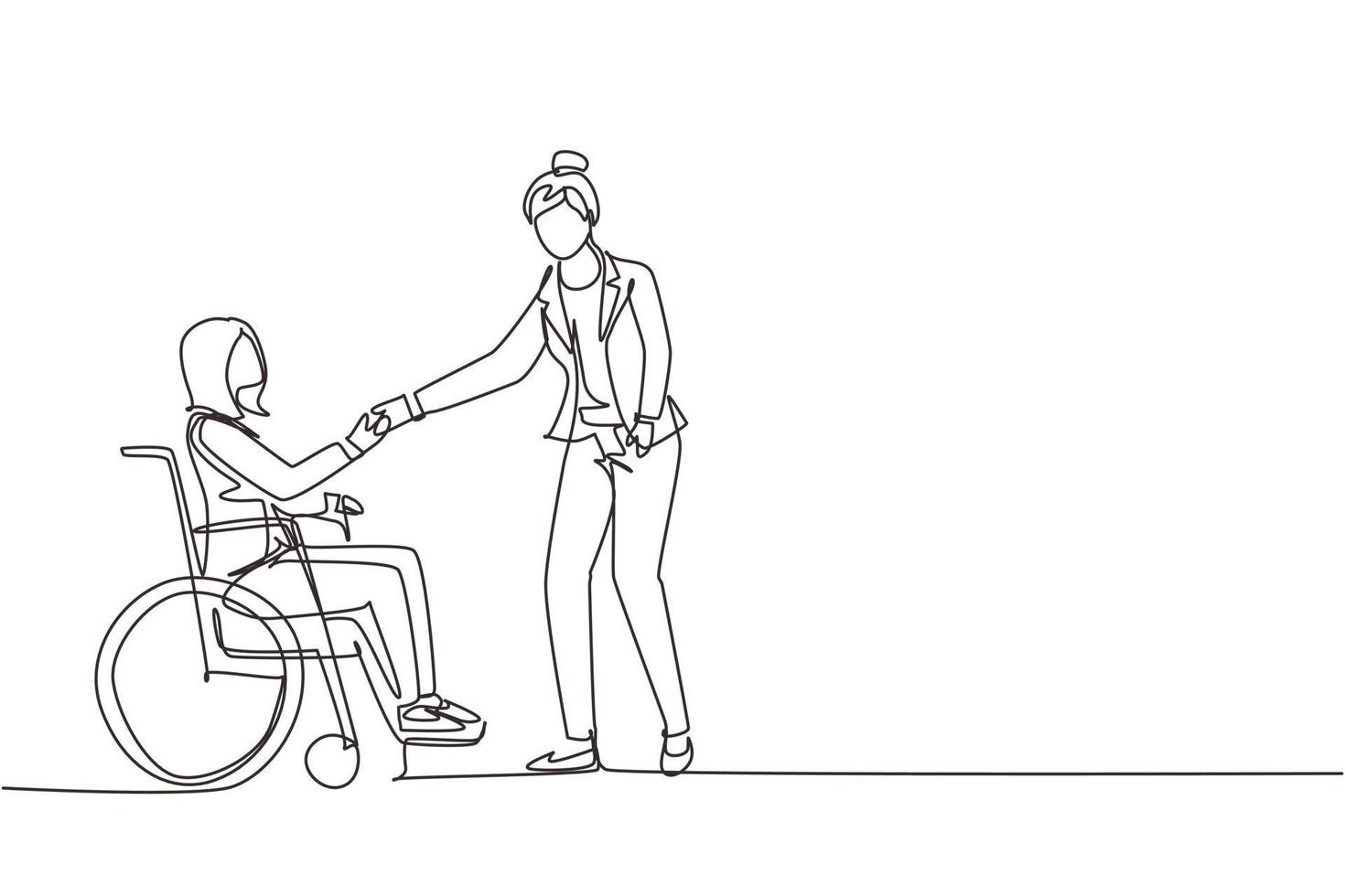 dibujo continuo de una línea empleo por discapacidad, trabajo para personas discapacitadas. discapacitar a la mujer sentada en silla de ruedas estrechando la mano con un colega en el cargo. ilustración gráfica de vector de diseño de dibujo de una sola línea