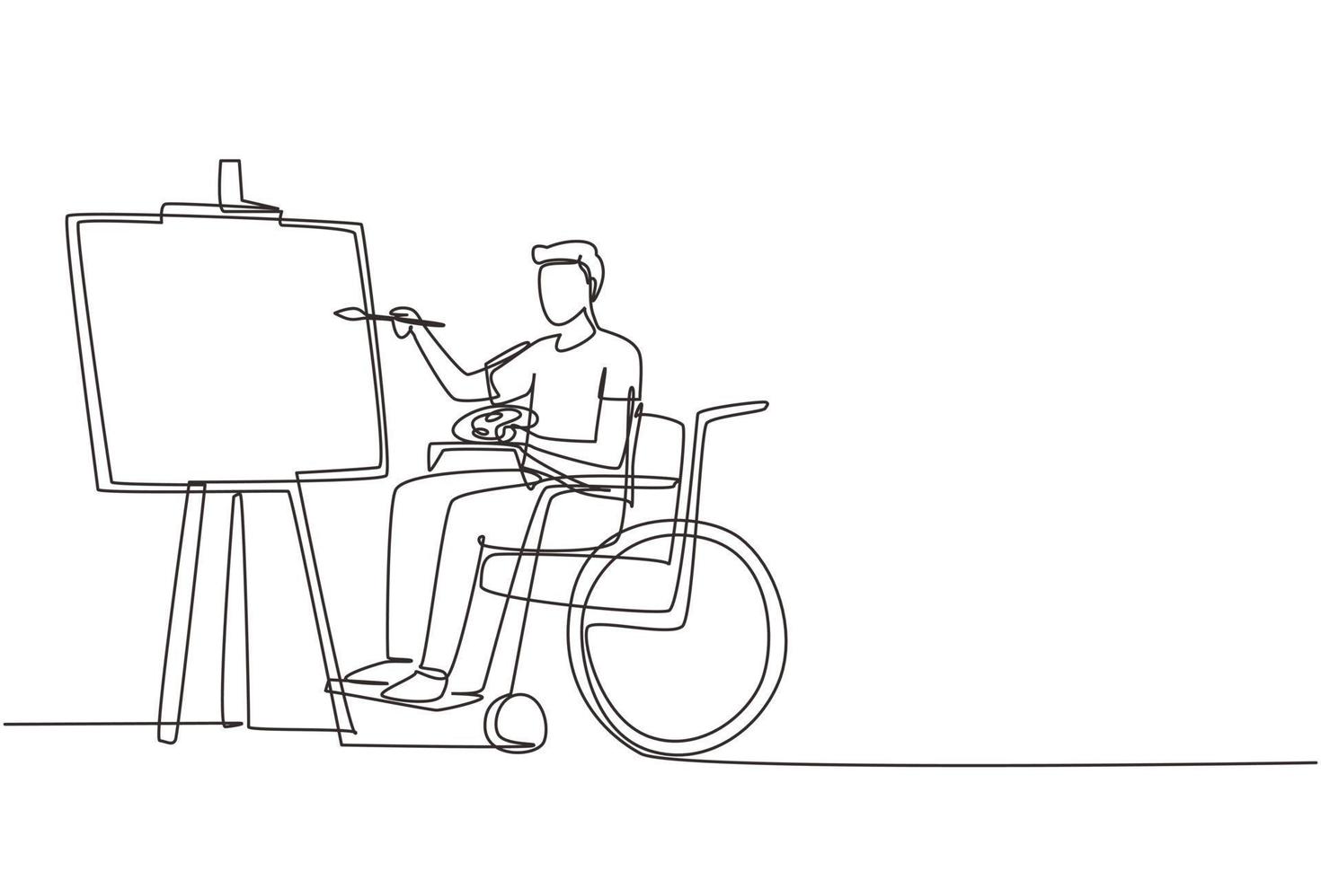 Single continuous line drawing disabled man in wheelchair painting landscape on canvas. Rehabilitation physiotherapy concept. Physical disability and society. One line draw design vector illustration