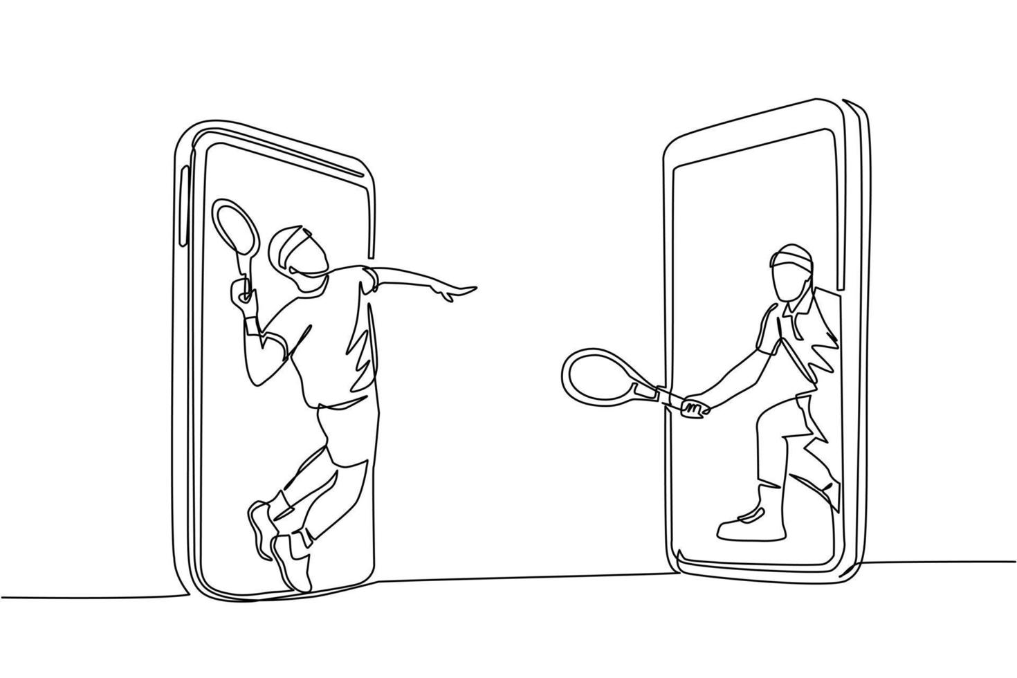 Single continuous line drawing two tennis players comes out from cellular phone ready to play. Two men tennis players in tennis court and one serving tennis ball isolated. One line draw design vector