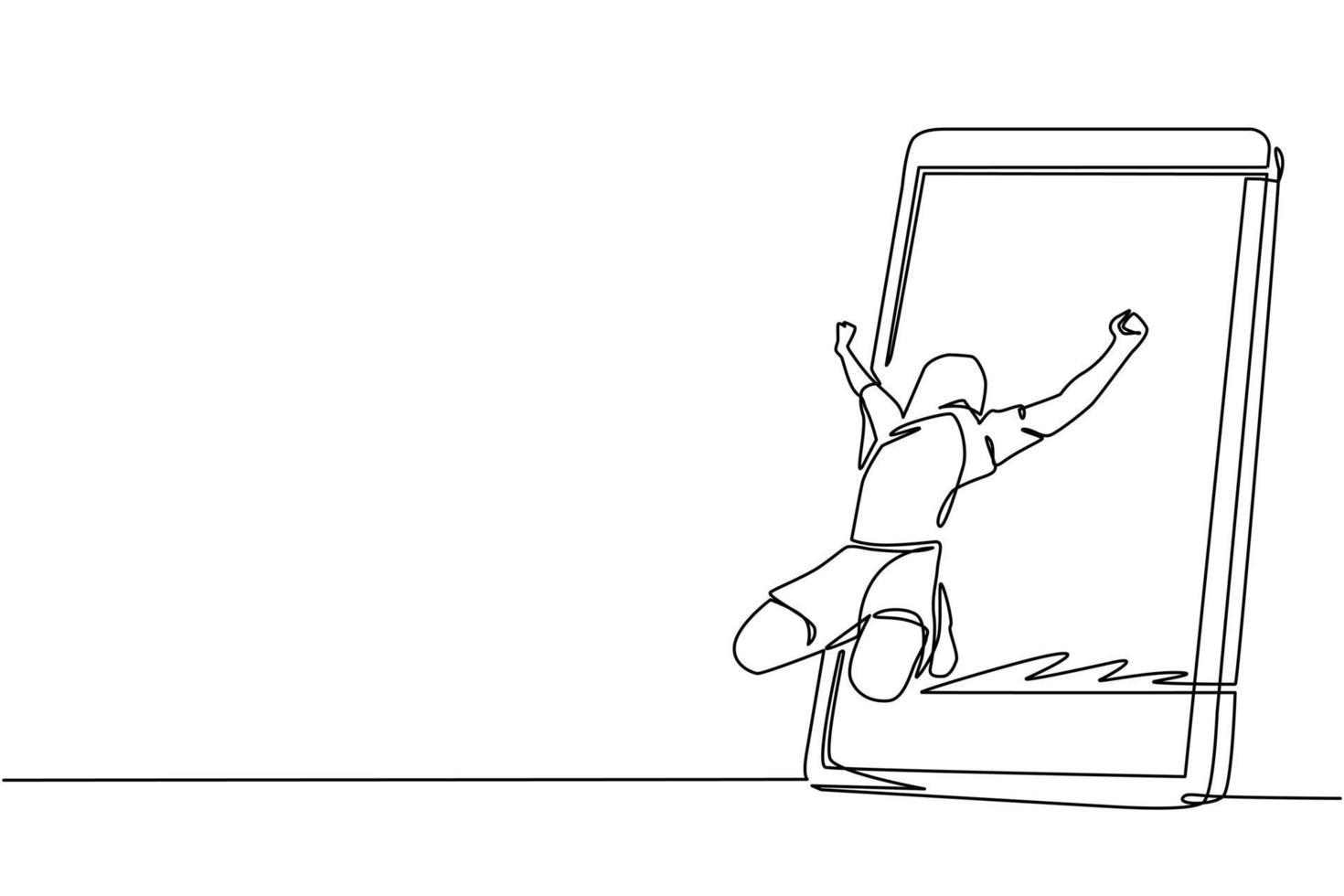 Single continuous line drawing football player is celebrating goal out of smartphone screen with his jersey on head. Online soccer game with live mobile app. One line draw design vector illustration