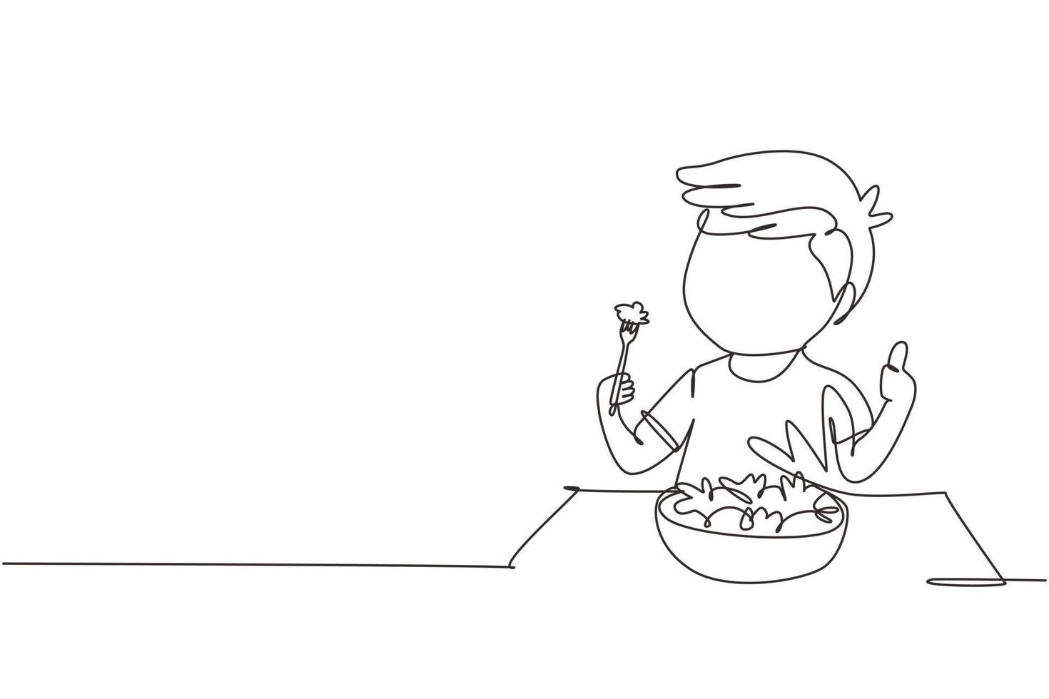 Single one line drawing little boy eating fresh vegetable salad and showing thumb up sign. Child eating salad. Healthy food for kids. Modern continuous line draw design graphic vector illustration
