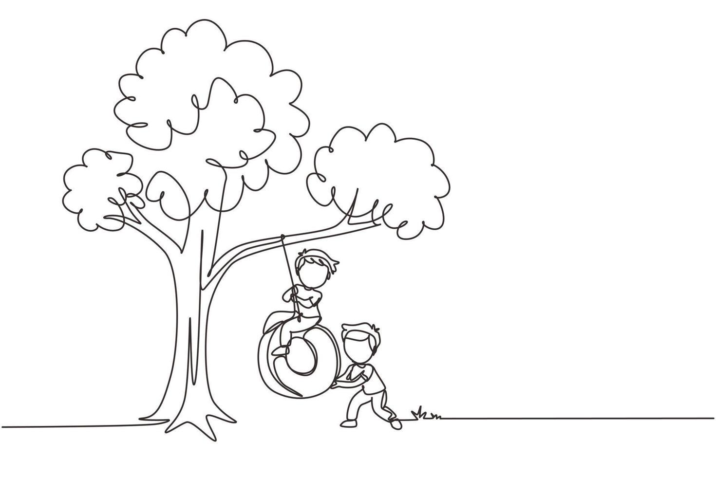 Single continuous line drawing happy two boys playing tire swing under tree. Cute kids swinging on tire hanging from tree. Children playing in garden. One line draw graphic design vector illustration