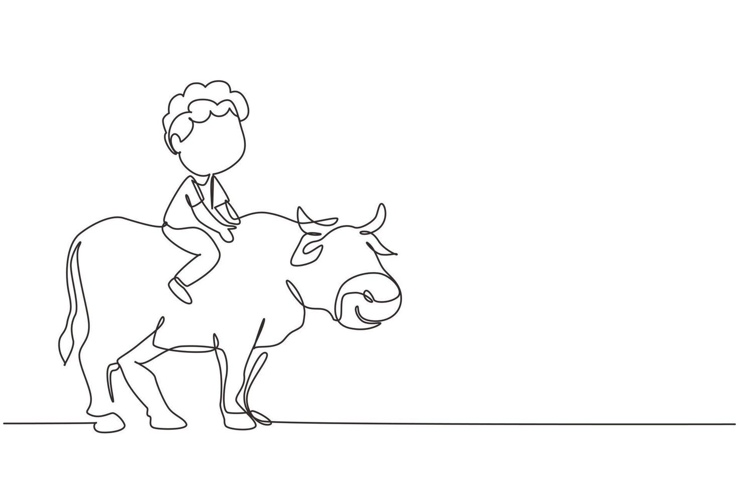 Continuous one line drawing happy little boy riding cow. Cheerful child sitting on back cow with saddle in ranch ground. Kids learning to ride cow. Single line draw design vector graphic illustration