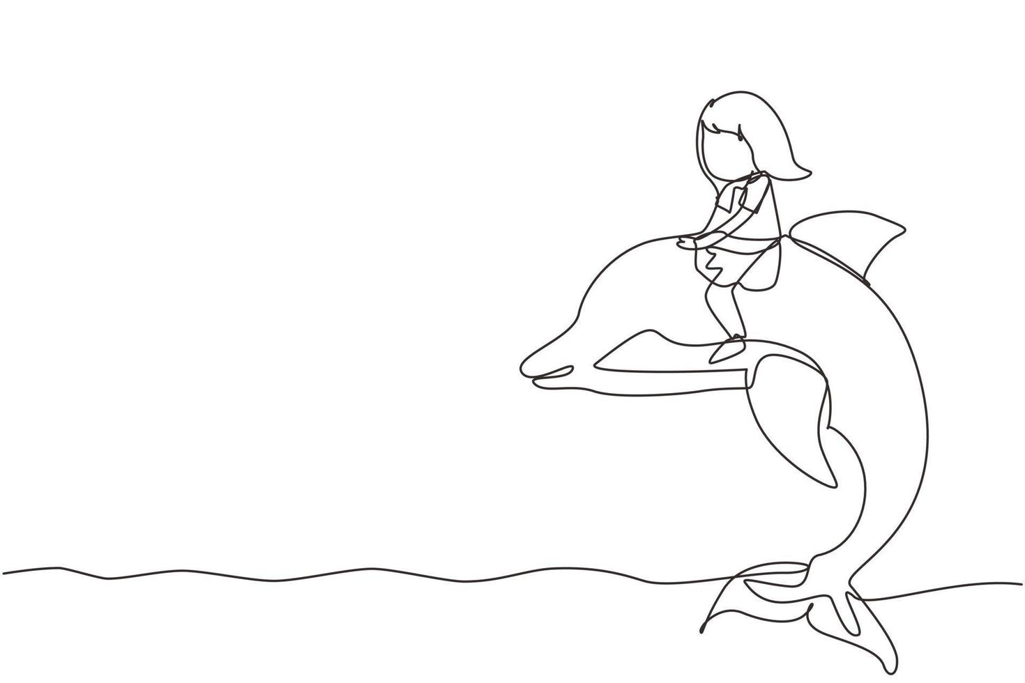 Single continuous line drawing little girl riding dolphin. Young kid sitting on back dolphin in swimming pool. Children with dolphin swimming in water. One line draw graphic design vector illustration