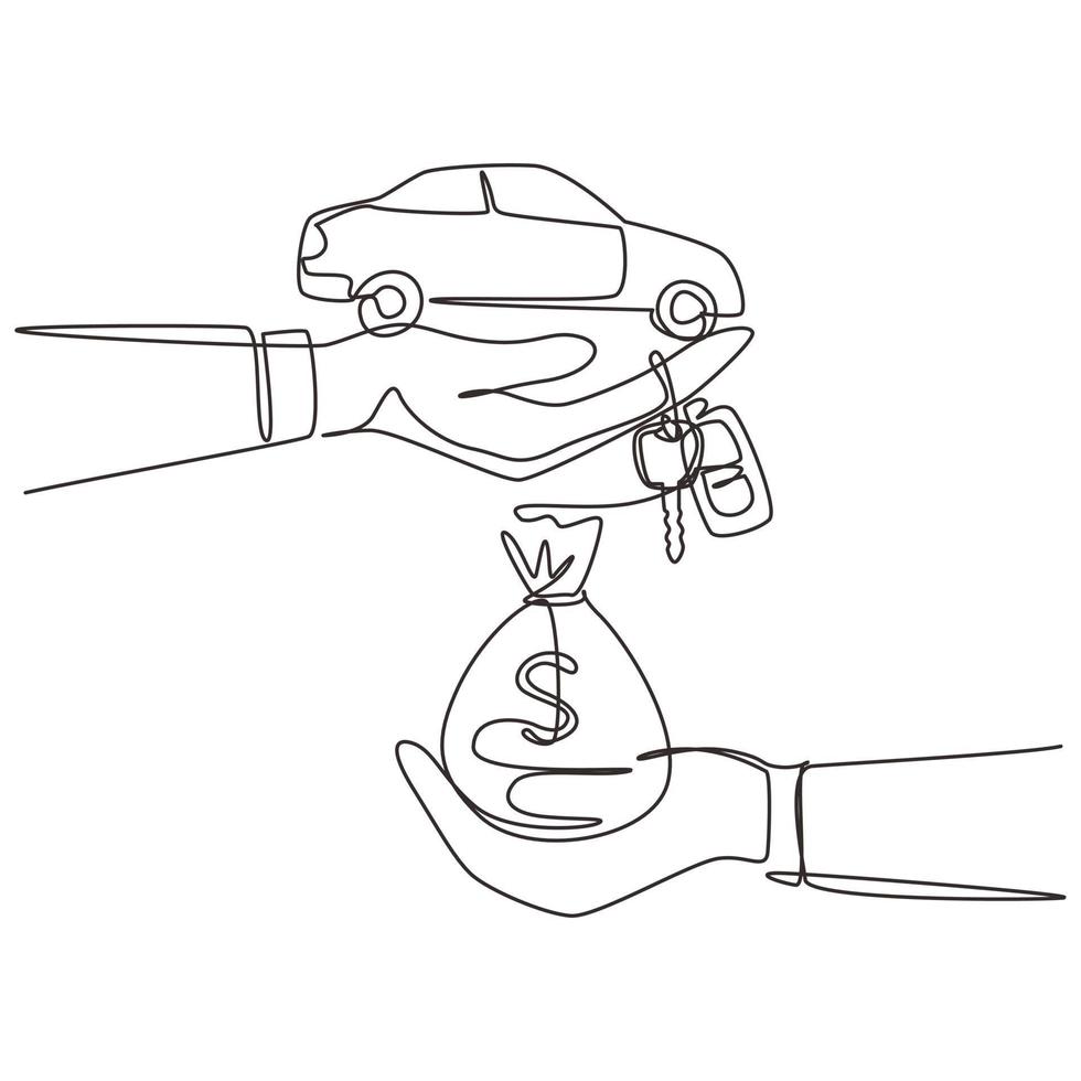 Single continuous line drawing car rental or sale concept. Hand of agent hold car key, hand of buyer hold gold money bag. Buying or rental car. Dynamic one line draw graphic design vector illustration