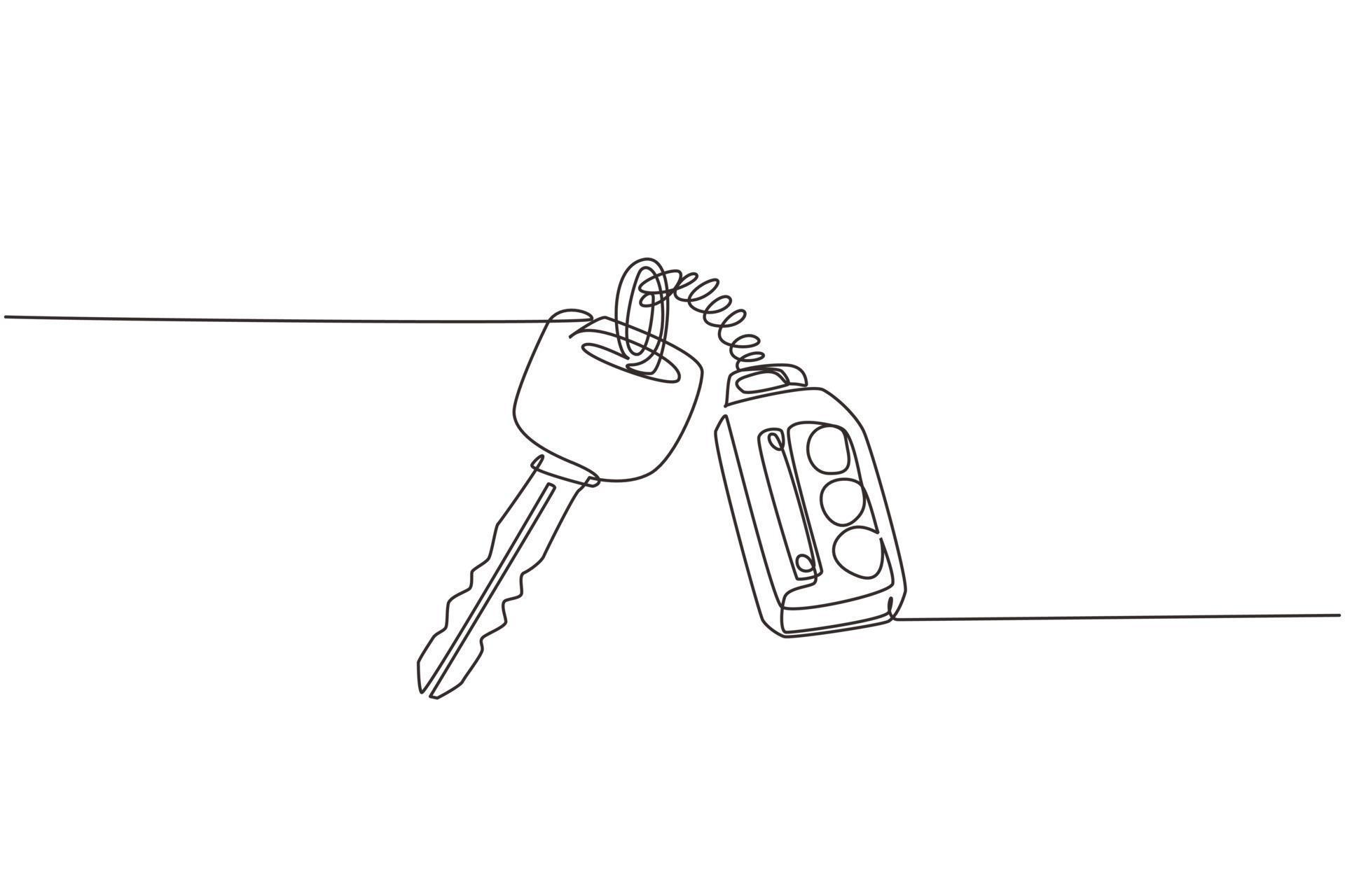 Continuous one line drawing realistic car keys black color isolated on