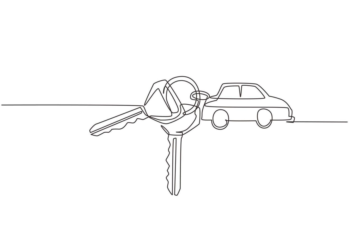 Single one line drawing keys with car shaped key holders. Keychain with key ring, two keys and pendant car locket. Keychain with car with locket vector icon. Continuous line draw design graphic vector