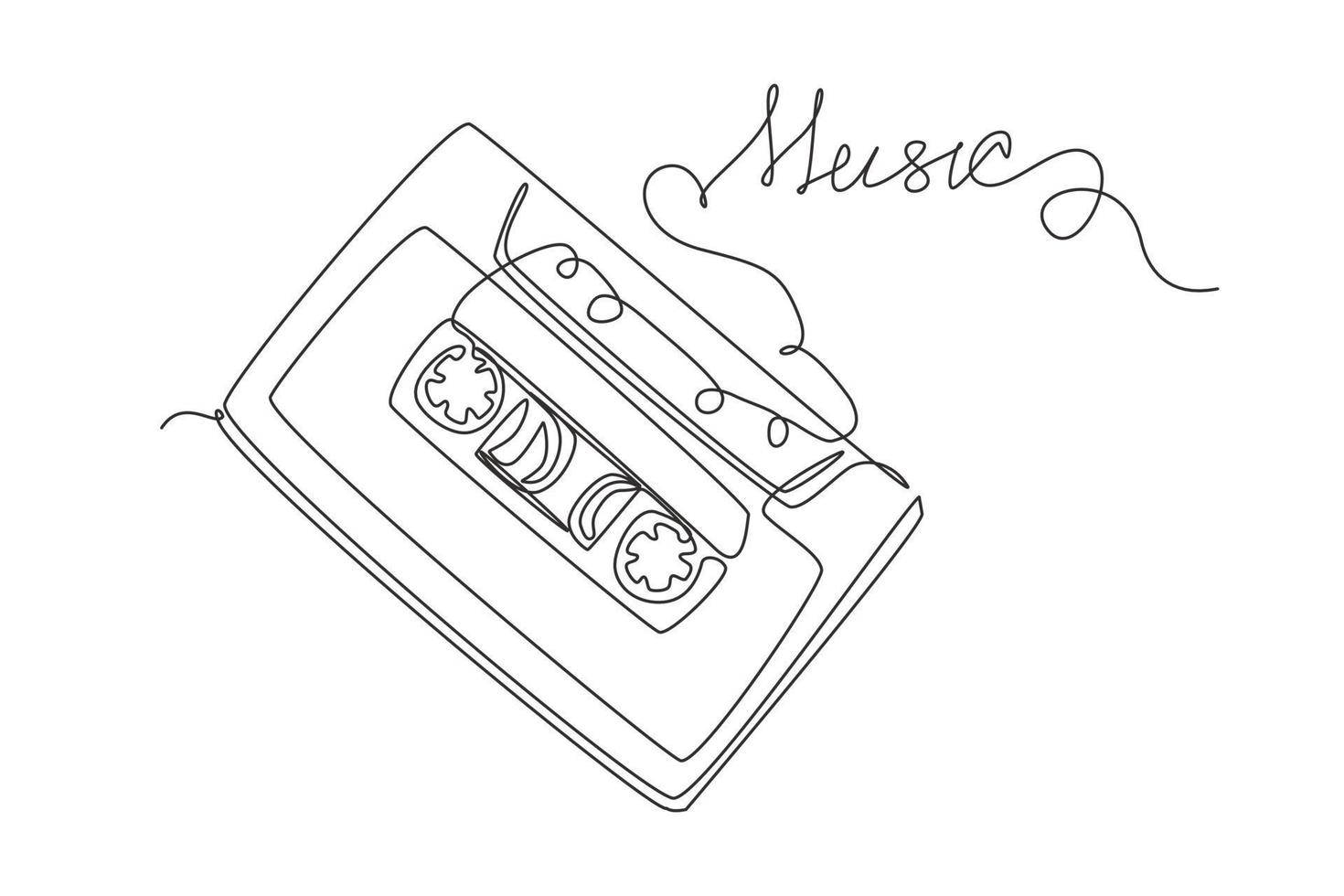 Continuous one line drawing music slogan with cassette tape illustration. Retro compact tape cassette. Vintage red audio cassette tape in doodle style isolated on white. Single line draw design vector
