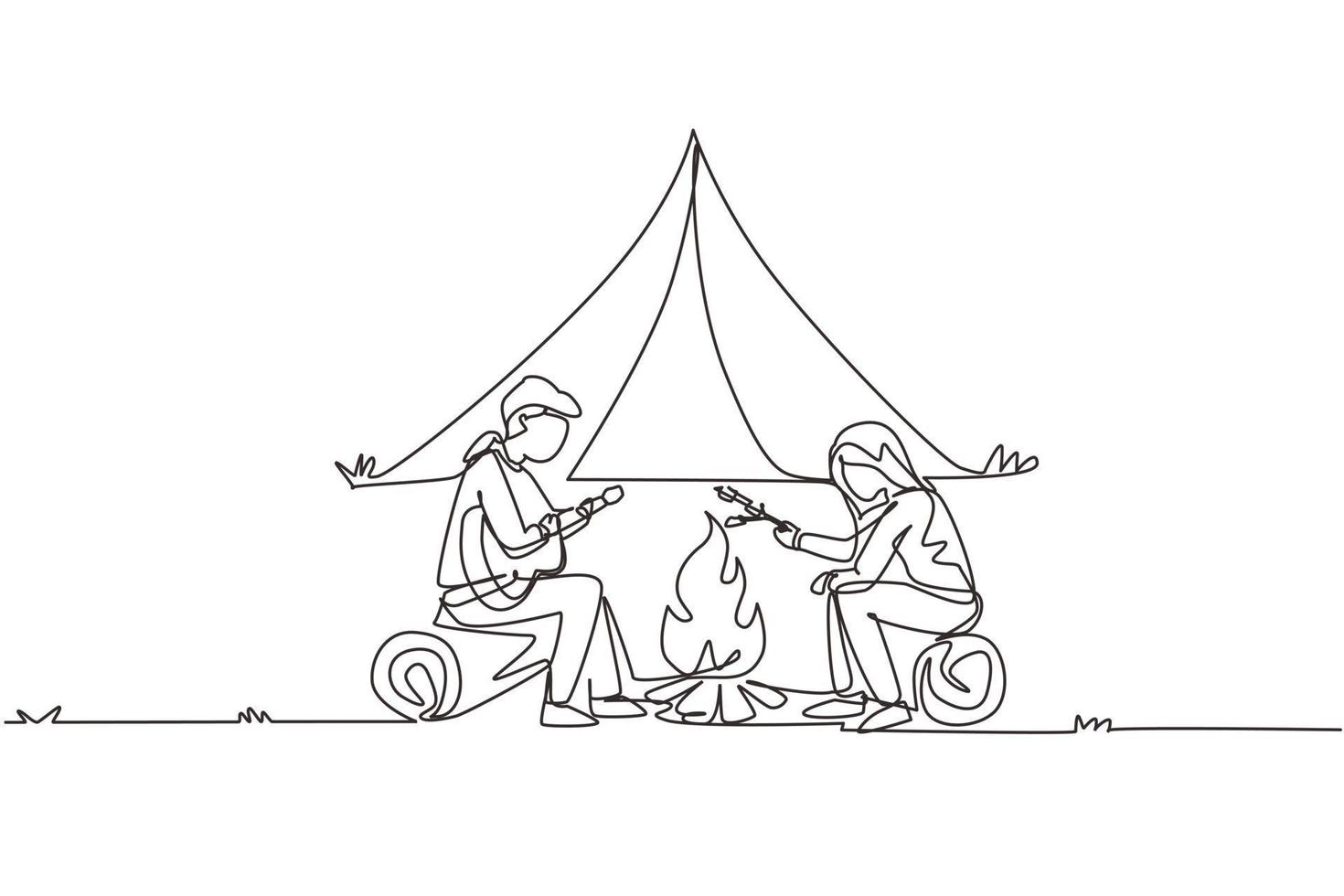 Continuous one line drawing couple summer camp. Man playing guitar and woman sitting by fireplace on log. Bonfire with frying marshmallow. Outdoor vacation. Single line draw design vector illustration