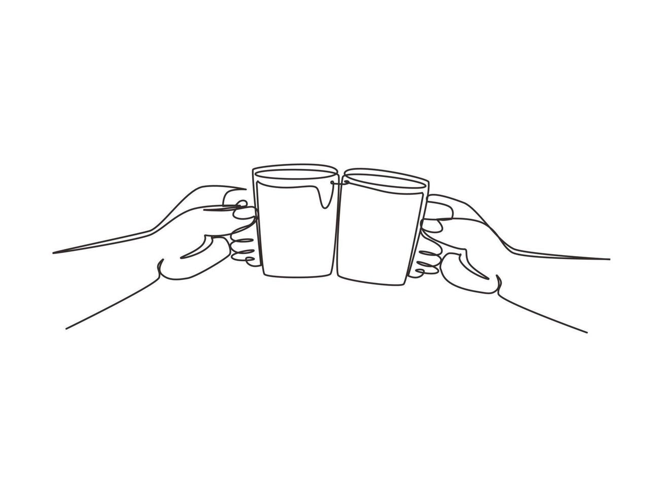 Continuous one line drawing close up cropped of woman man two hands horizontal holding cups of tea, toasting clinking. Friends leisure, healthy lifestyle. Single line draw design vector illustration