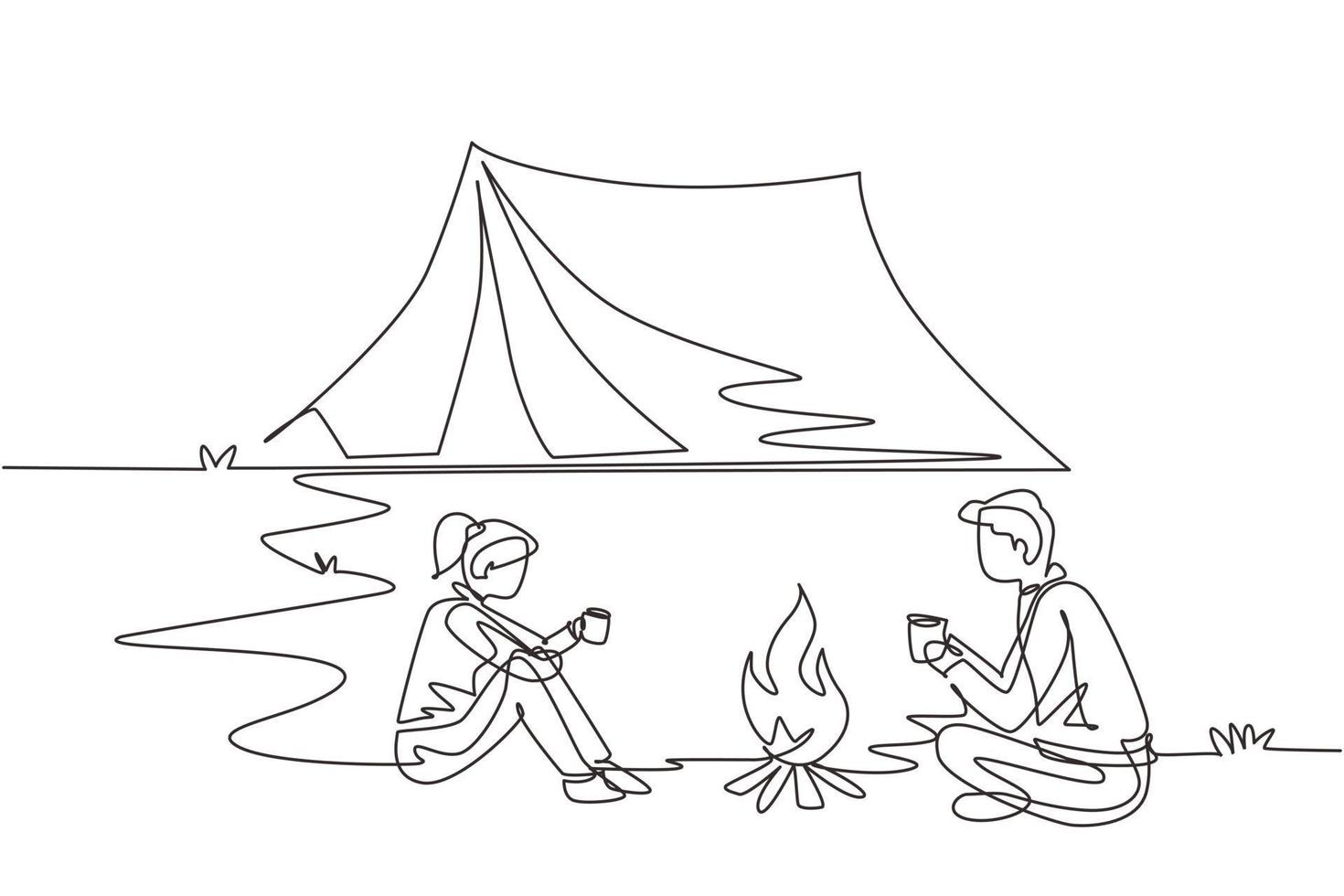 Single continuous line drawing camping or hiking couple around campfire tents. Man woman sitting on ground and drinking hot tea getting warm near bonfire. One line draw design vector illustration