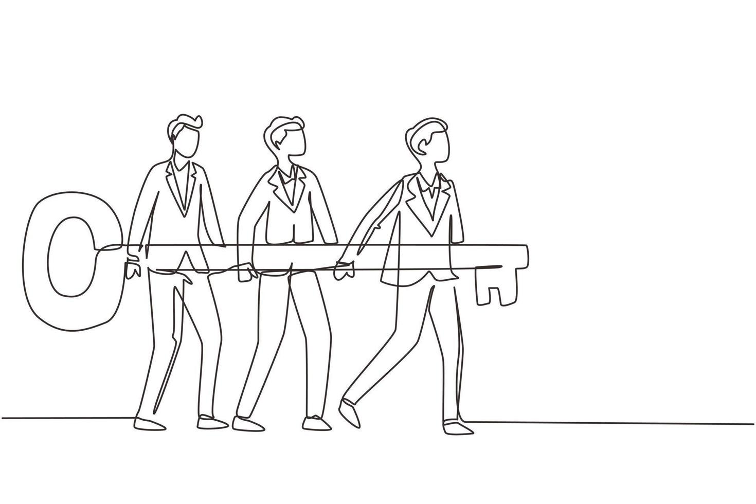 Single continuous line drawing problem solving team of business man with a key solution concept. Businessmen carry big golden key. Build creative people world collection. One line draw design vector