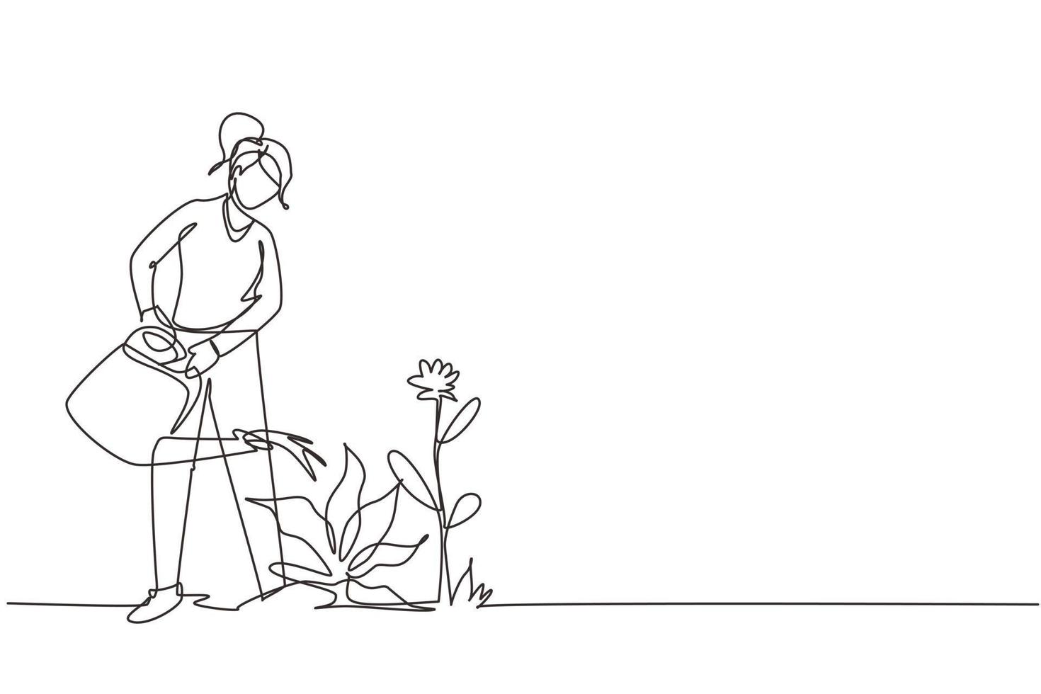 Single one line drawing lovely young woman or gardener taking care of home garden, watering houseplants growing in greenhouse with watering can. Continuous line draw design graphic vector illustration