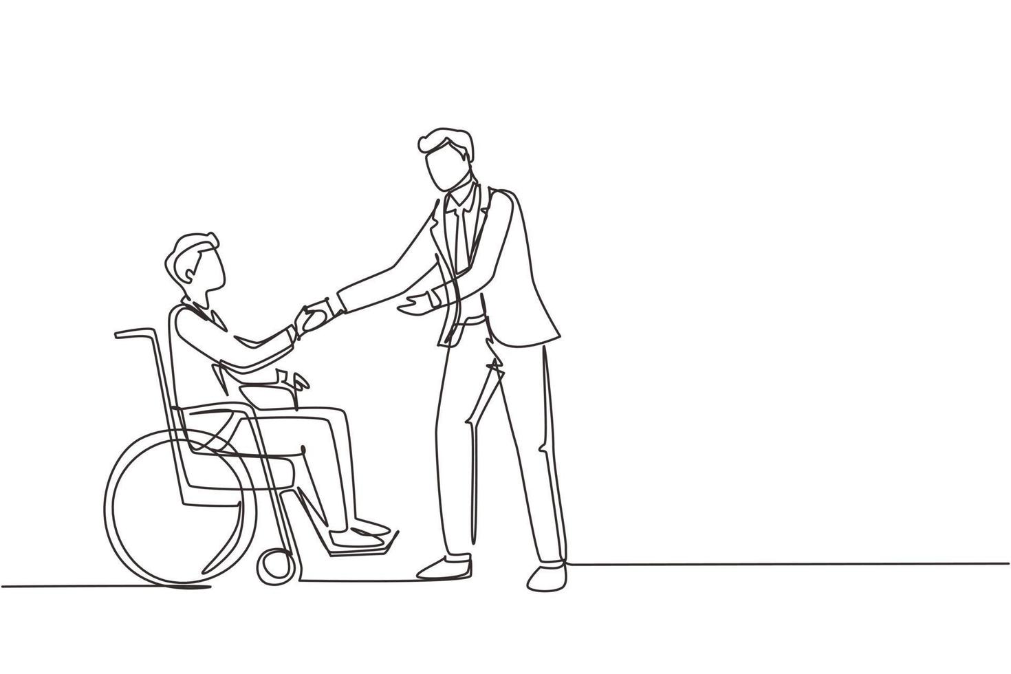 Single one line drawing disability employment, work for disabled people. Disable man sit in wheelchair shaking hand with colleague in office. Continuous line draw design graphic vector illustration