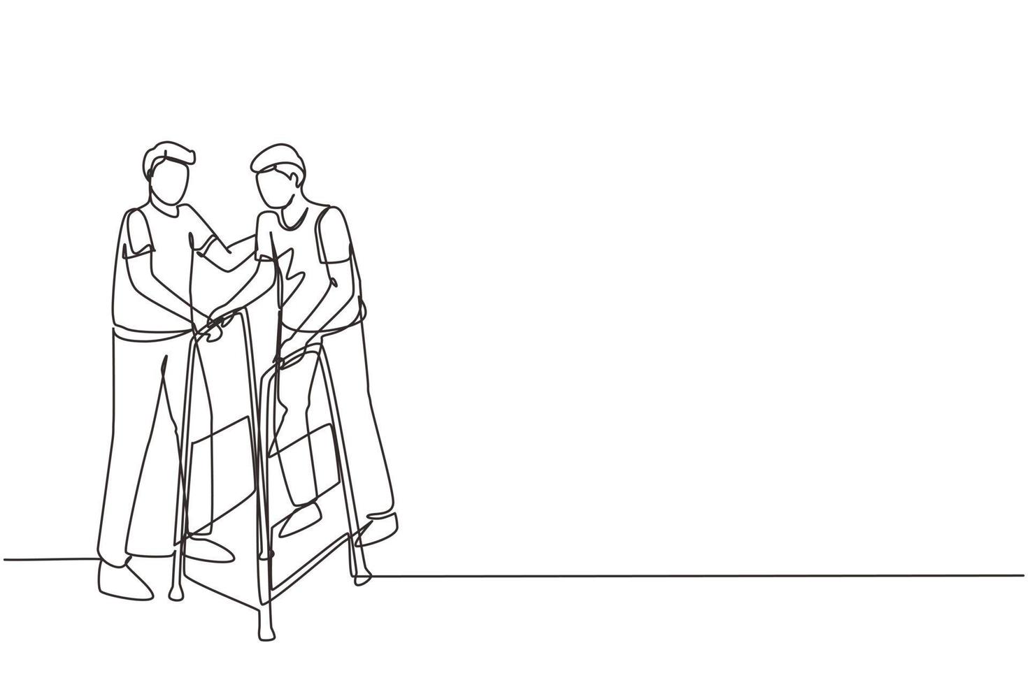 Single continuous line drawing man walking in medical rehabilitation, physical therapy center. Male in recovery doing exercises. Guy therapist helping in rehab healthcare. One line draw design vector