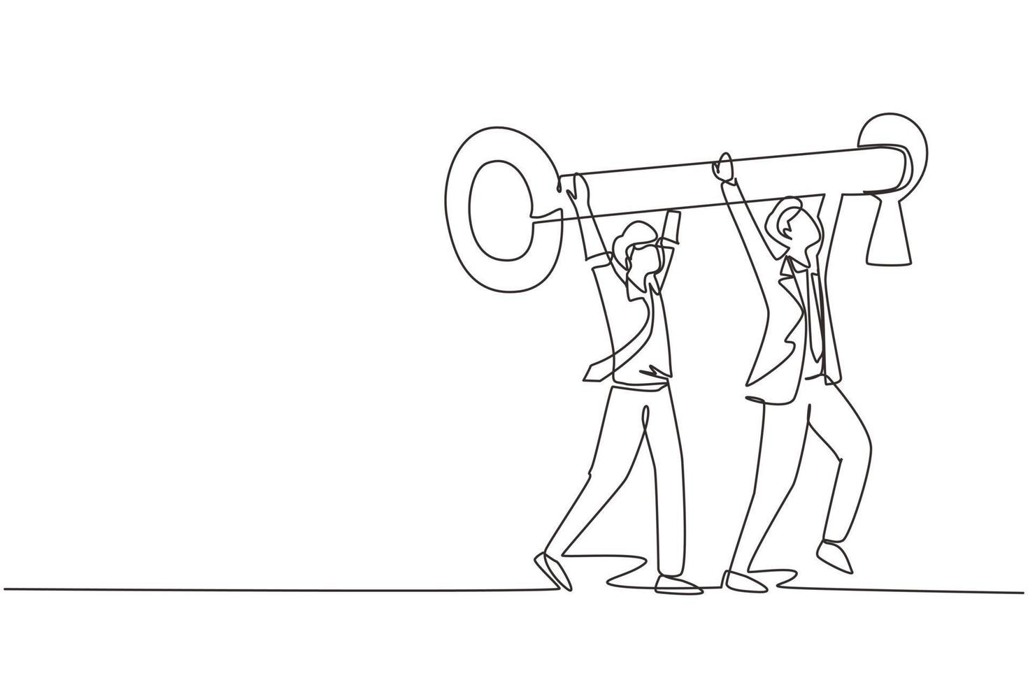 Continuous one line drawing business key concept with two male figures wearing suits while lifting and inserting the huge key to the keyhole. Business movement forwards. Single line draw design vector