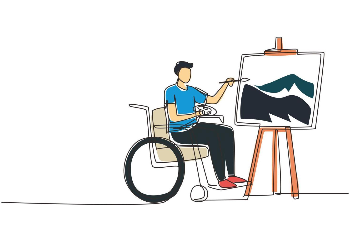 Single continuous line drawing disabled man in wheelchair painting landscape on canvas. Rehabilitation physiotherapy concept. Physical disability and society. One line draw design vector illustration