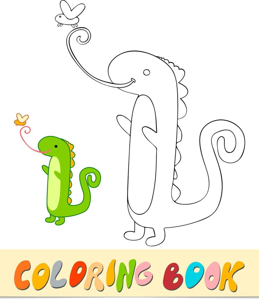 Coloring book or page for kids. Iguana black and white vector illustration