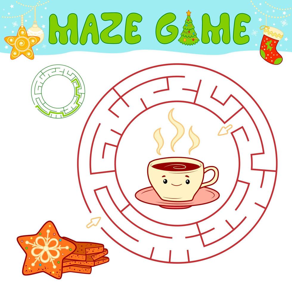 Christmas maze puzzle game for children. Circle maze or labyrinth game with Christmas cookie. vector