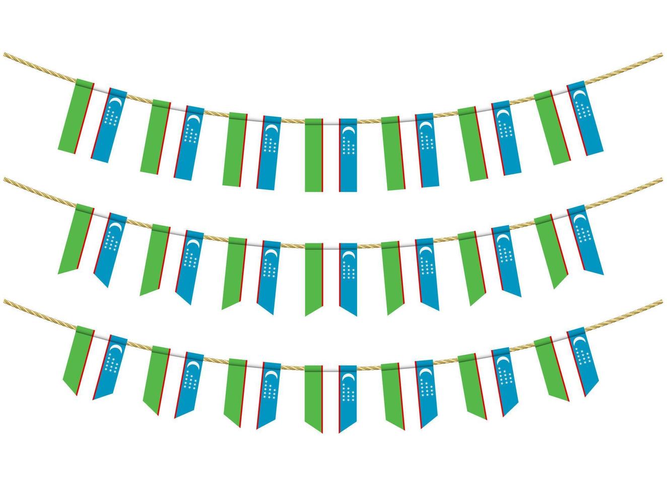 Uzbekistan flag on the ropes on white background. Set of Patriotic bunting flags. Bunting decoration of Uzbekistan flag vector