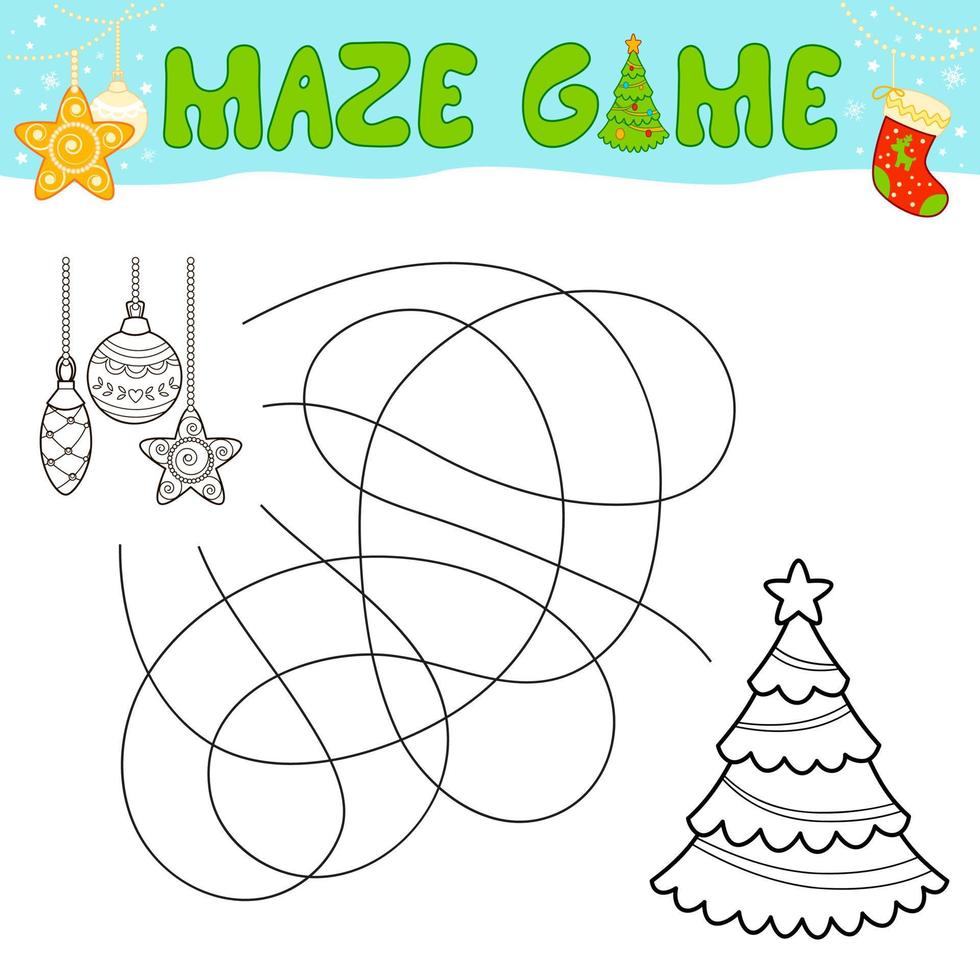Christmas Maze puzzle game for children. Outline maze or labyrinth. Find path game with christmas tree and decorations. vector