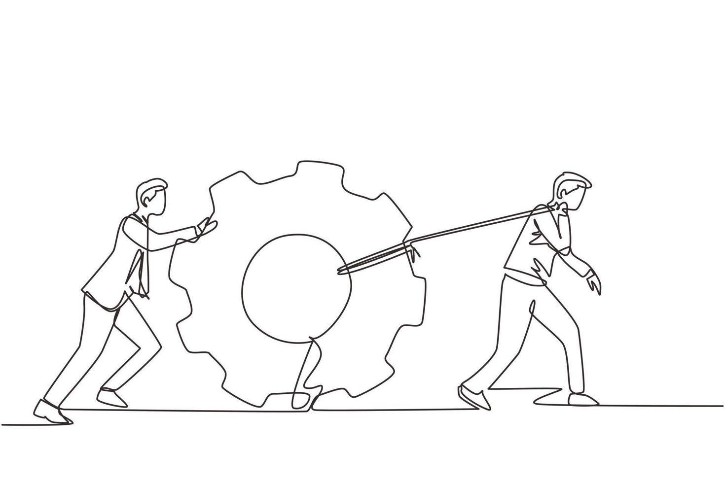 Single one line drawing business men pulling large gear on rope. Business leader help team pull cog, businessman push gear, business concept. Continuous line draw design graphic vector illustration