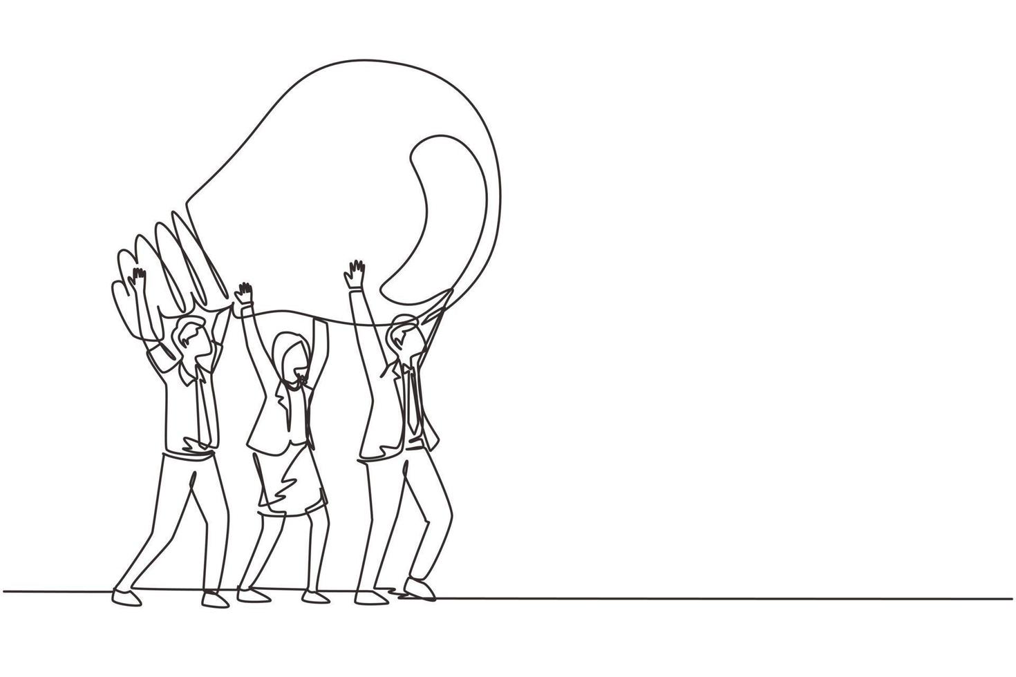 Continuous one line drawing concept of joint teamwork, building business team. Men women hold and lift light bulb. Idea generation, creative search. Single line draw design vector graphic illustration