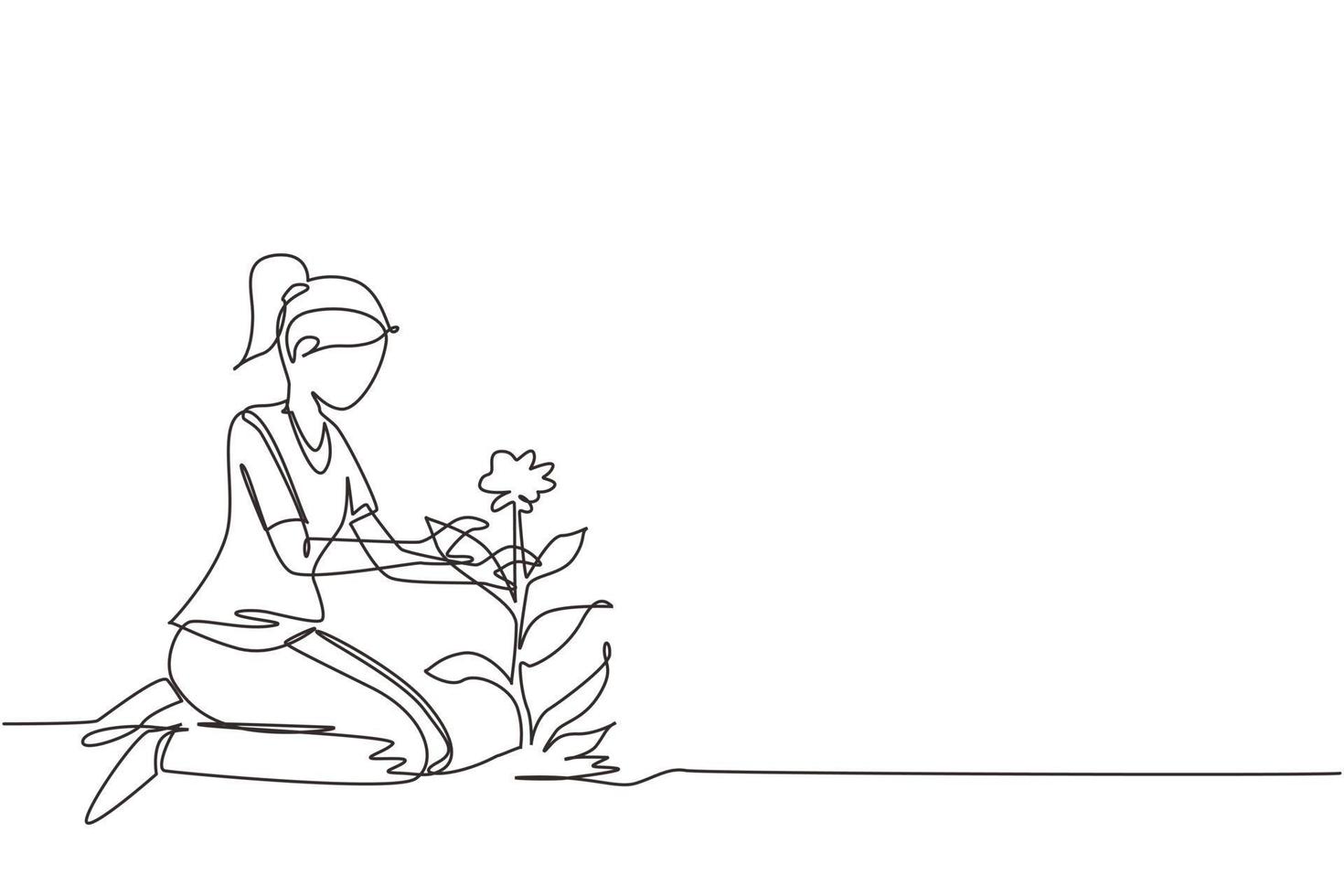 Single one line drawing young woman plants flowers at ground. Cute girl transplants plants, doing gardening, preparation to spring. Home hobby, relaxation concept. Continuous line draw design vector