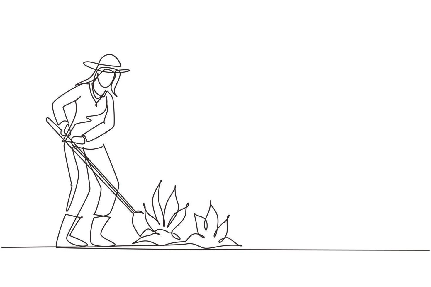 Single continuous line drawing woman digs up the ground with a shovel. Planting, growing vegetables. The care of garden. Agriculture, farming. Dynamic one line draw graphic design vector illustration