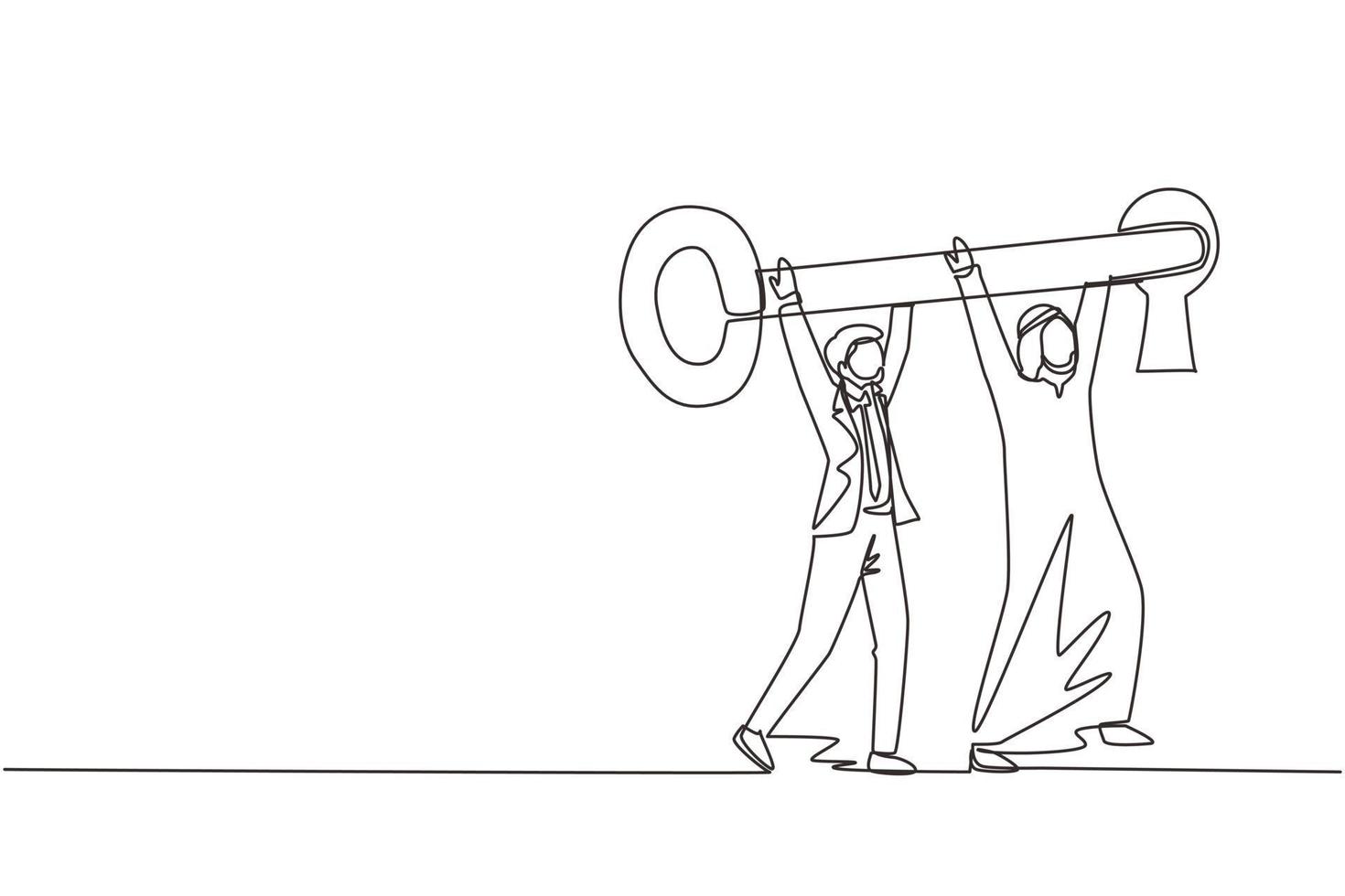 Continuous one line drawing two Arab male figures wearing traditional clothing while lifting, inserting huge key to keyhole. Business movement forwards. Single line draw design vector illustration