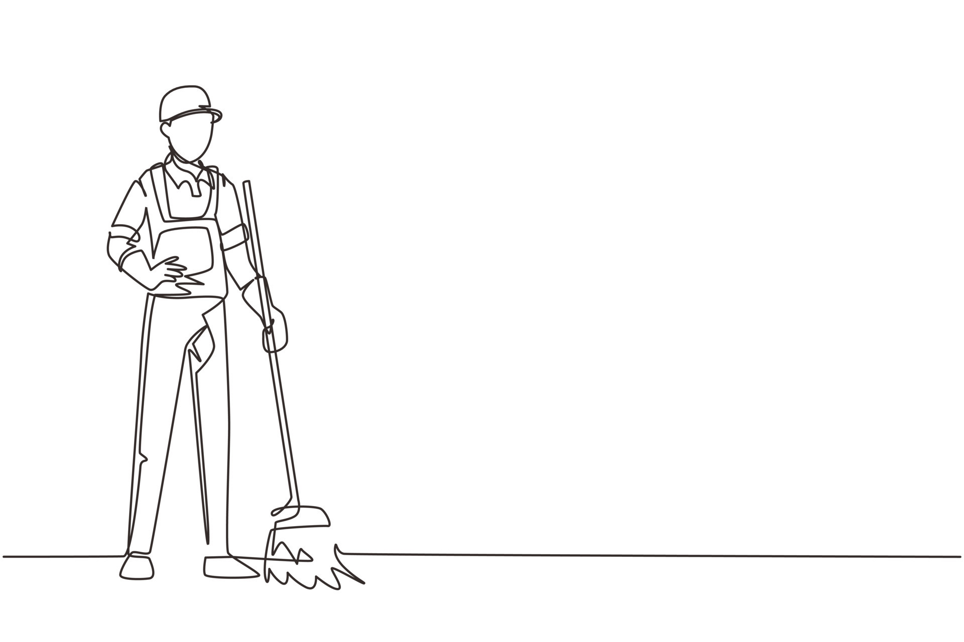 Continuous one line drawing smiling young male janitor standing in