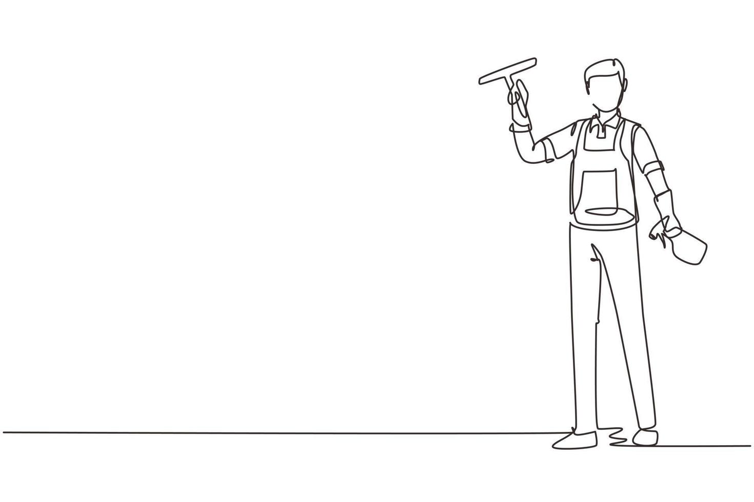 Single one line drawing smiling cleaning staff member is wiping the window with brush and spray. Concept of man cleaning windows from dust in different premises. Continuous line draw design vector