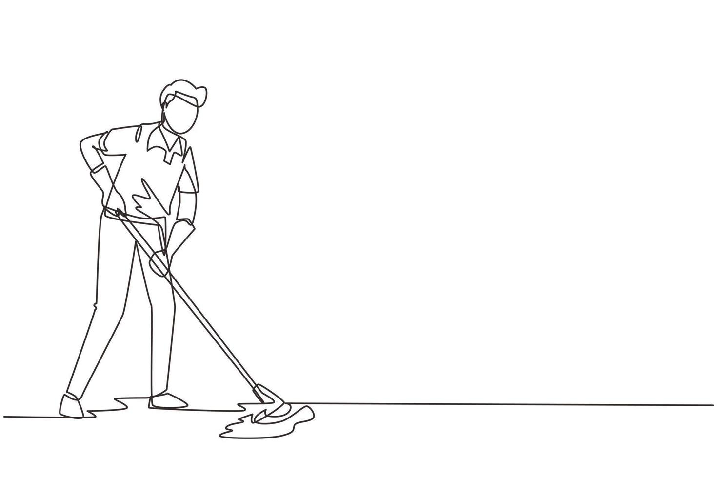 Single one line drawing man mopping floor in uniform. Male cleaner janitor cleaning the office. Cleaning service and hospital disinfection. Modern continuous line draw design vector illustration