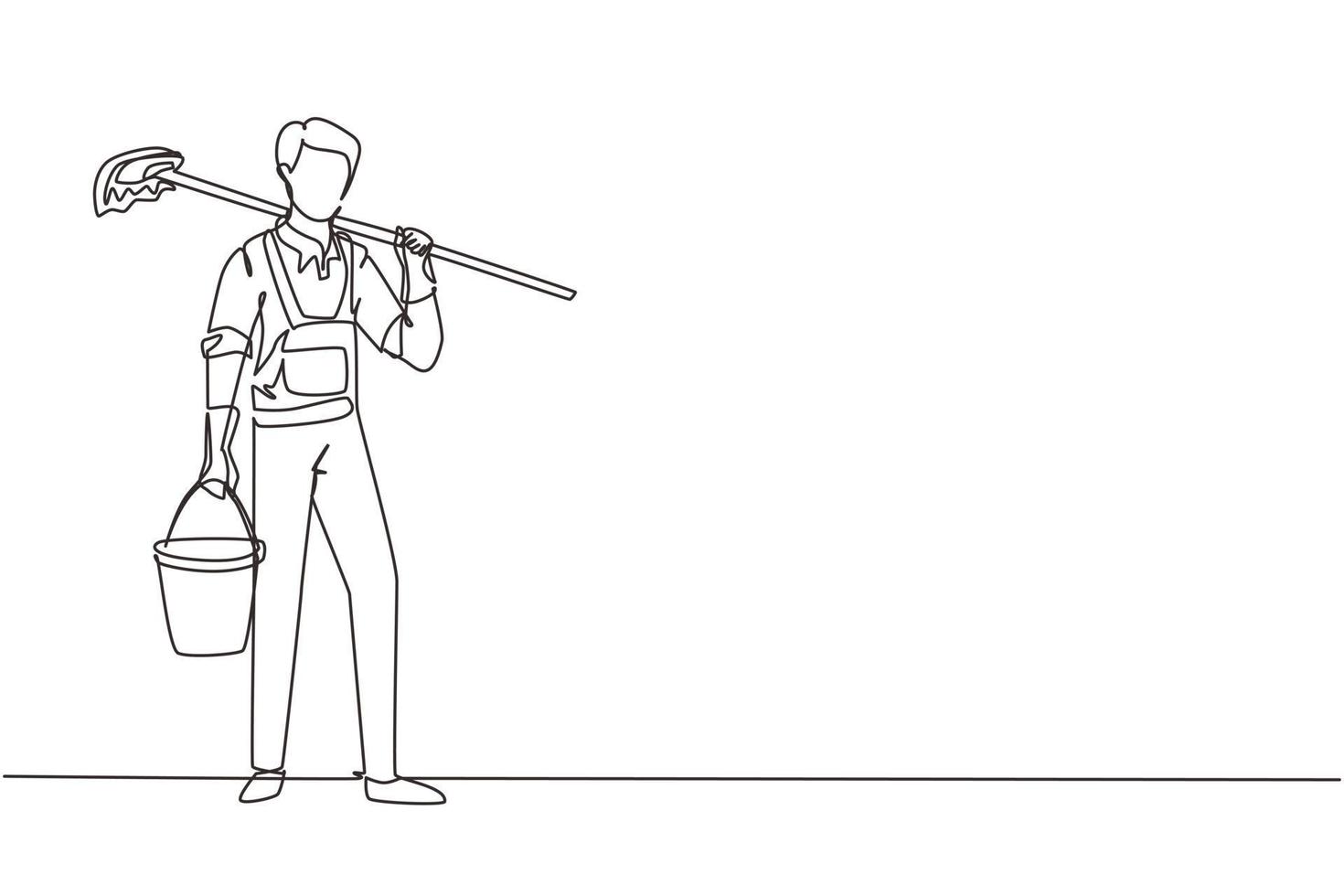 hombre de dibujo de una sola línea continua trapeando el piso, conserje limpiador masculino en uniforme y balde, concepto de servicio de limpieza. servicio doméstico o trabajadores de limpieza, conserje. vector de diseño de dibujo de una línea