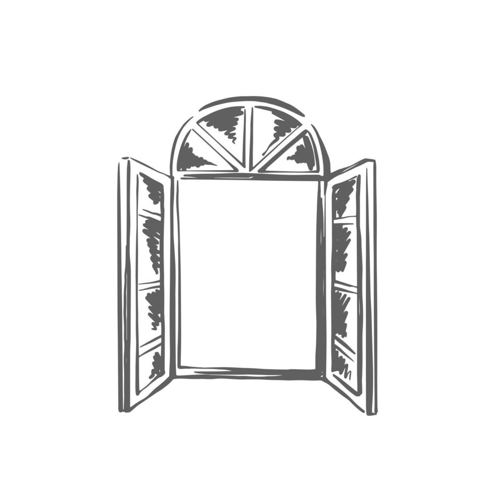 boceto de ventana abierta sobre fondo aislado. elemento de la arquitectura. ventana de vidrio. ilustración vectorial dibujada a mano. vector