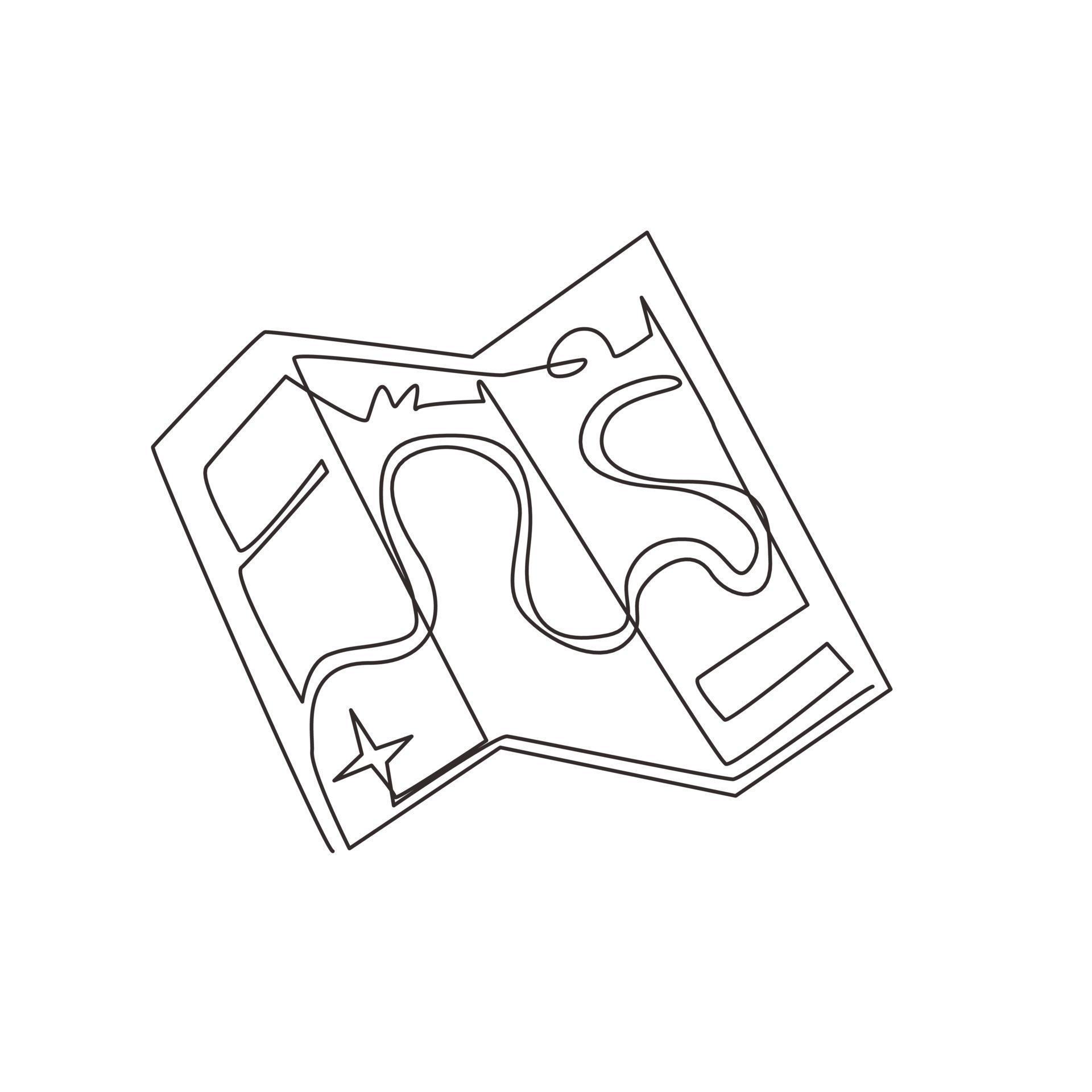 Continuous one line drawing map for traveling in doodle style. Folded